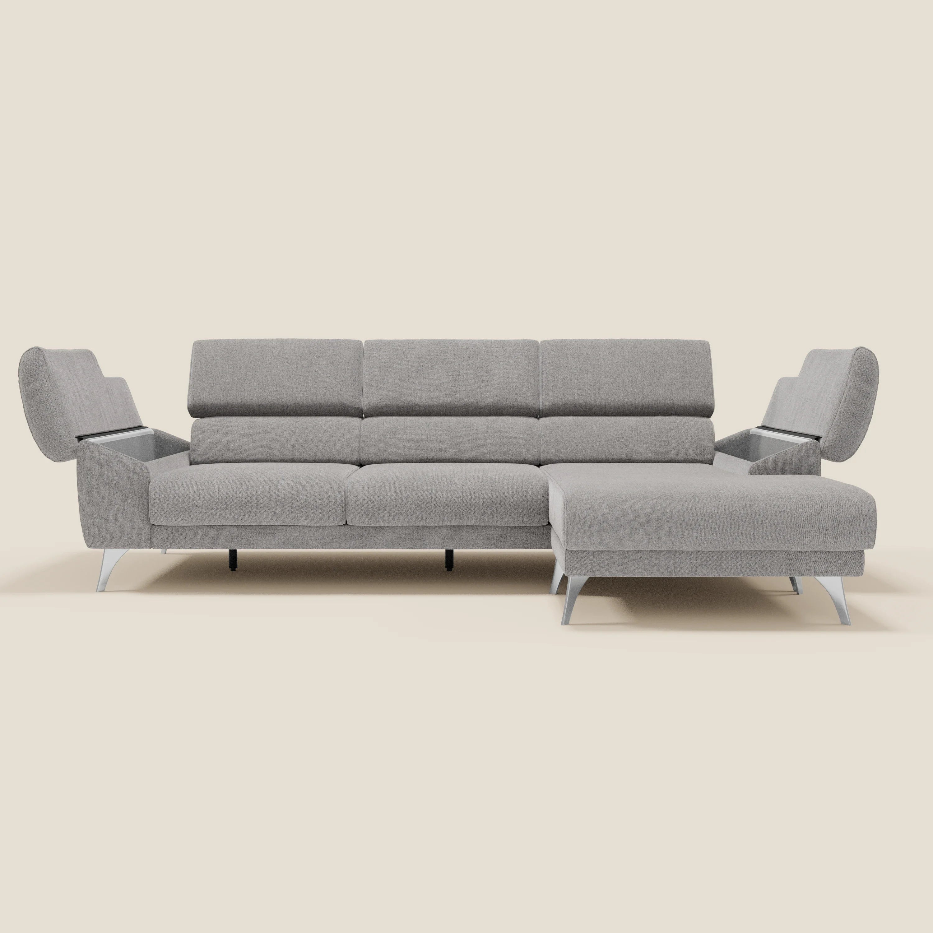 Donatello Canapé d'angle avec assises extensibles accoudoirs avec coffre et têtières en tissu détachable T23 gris
