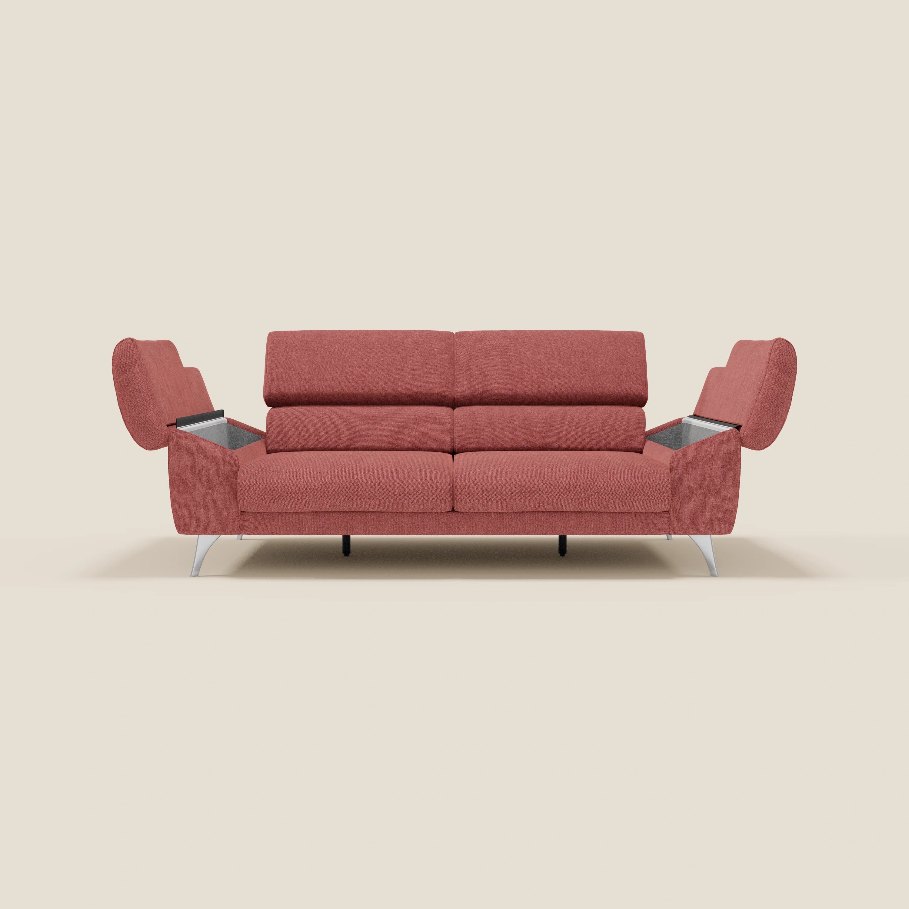 Donatello Canapé avec assises extensibles accoudoirs avec coffre et têtières inclinables en tissu détachable T23 rouge cerise