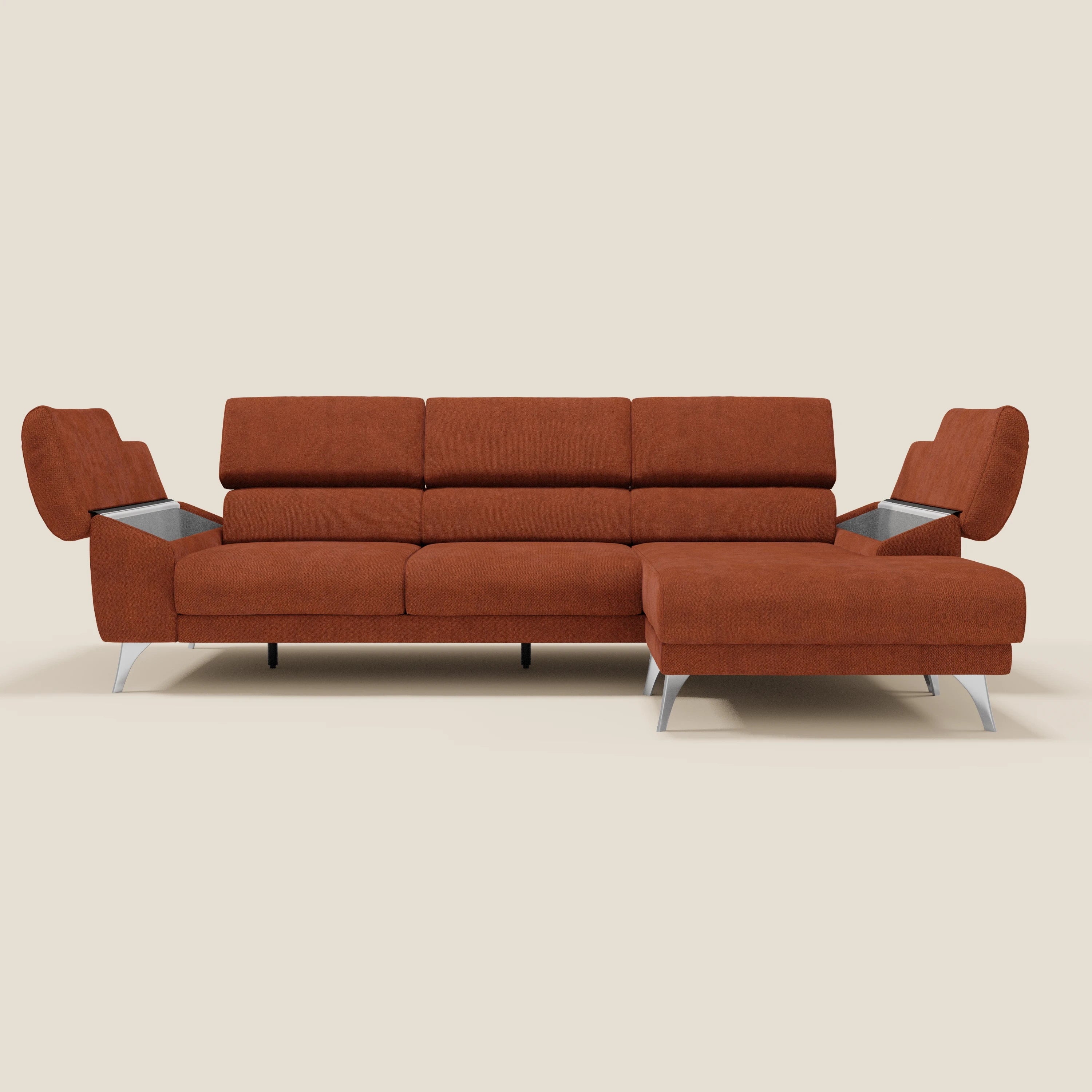 Donatello Canapé d'angle avec assises extensibles accoudoirs avec coffre et têtières en tissu détachable T23 orange rouille
