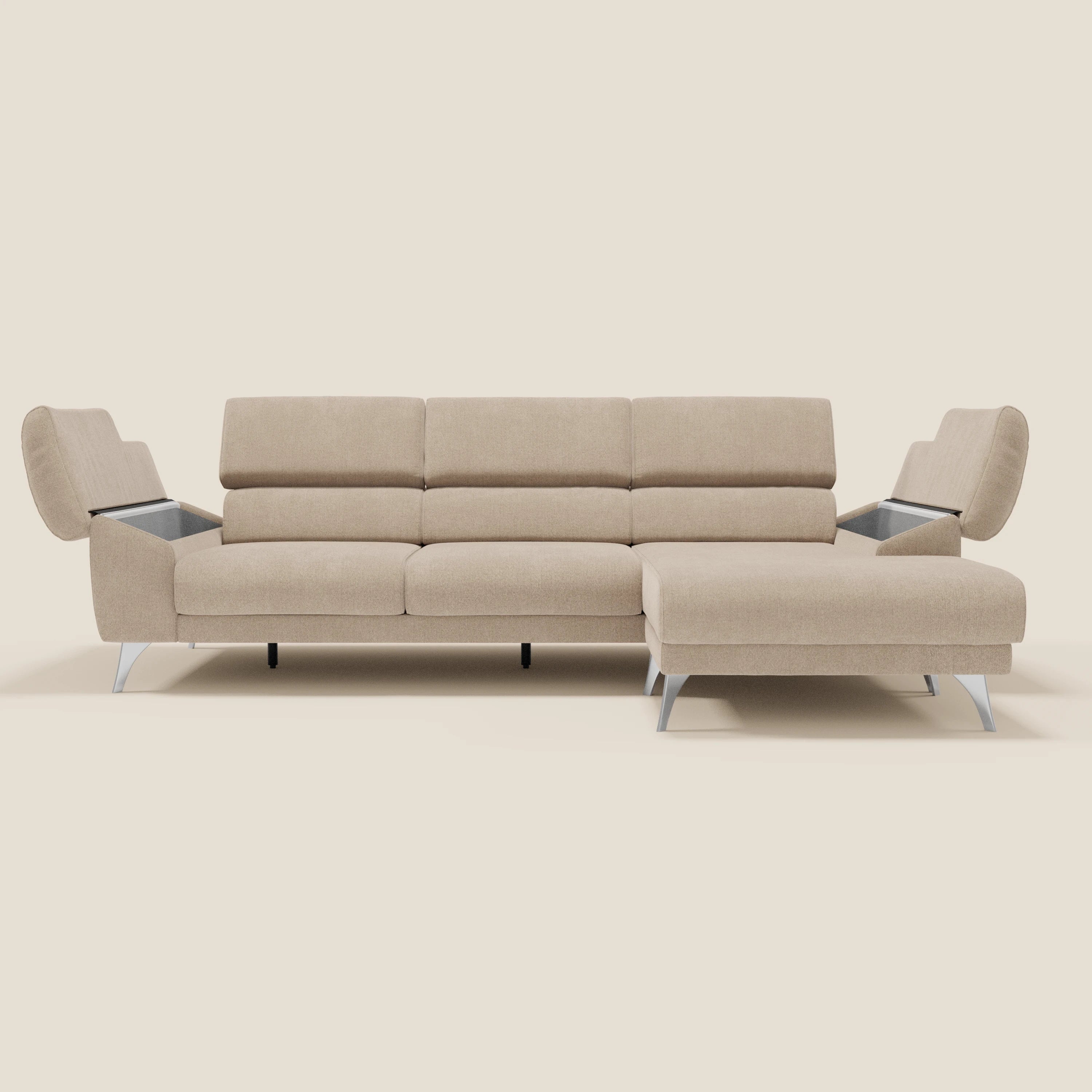 Donatello Canapé d'angle avec assises extensibles accoudoirs avec coffre et têtières en tissu détachable T23 beige