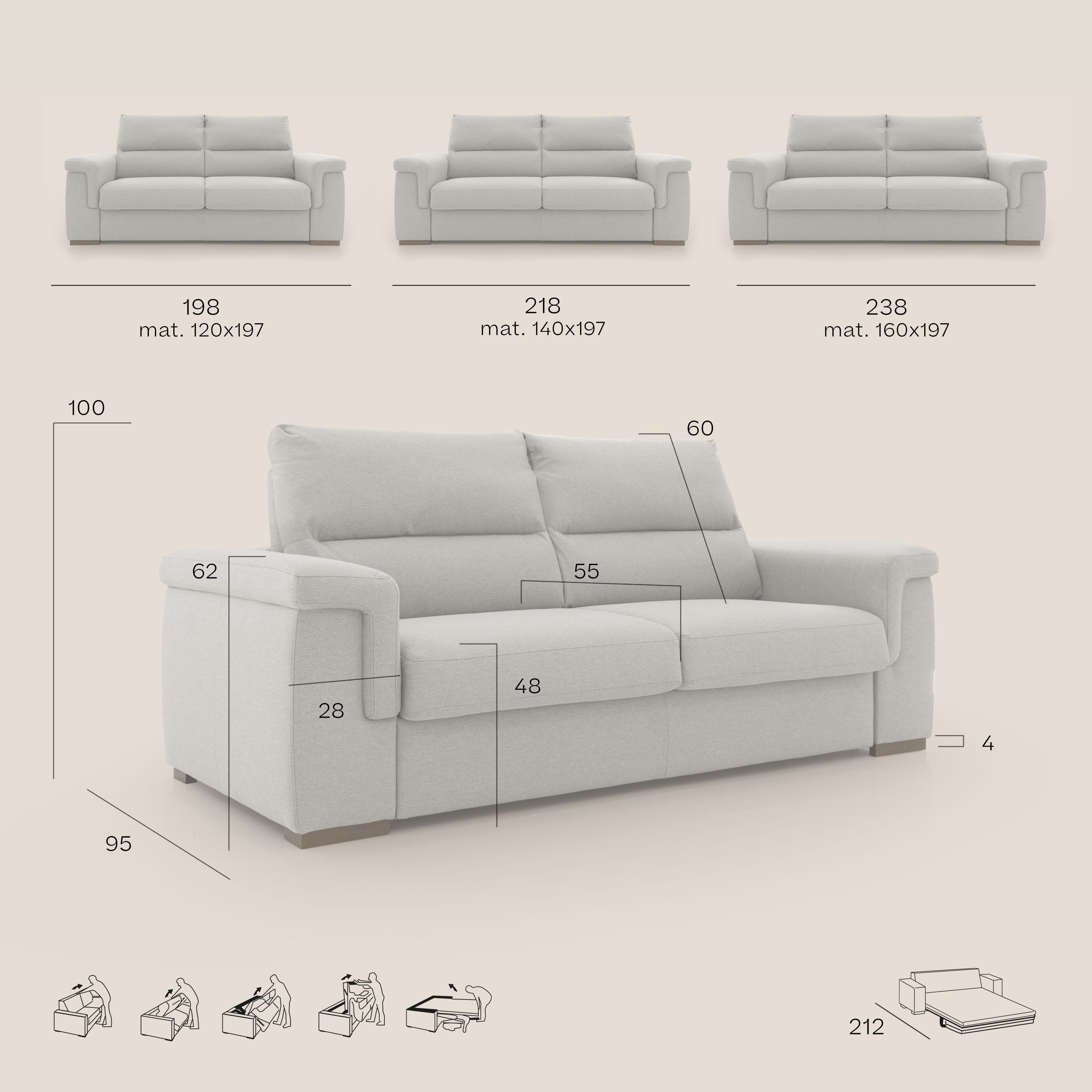 Magnolia divano letto con materasso alto 18 cm morbido schienale alto in tessuto smacchiabile T05 grigio - divani.store