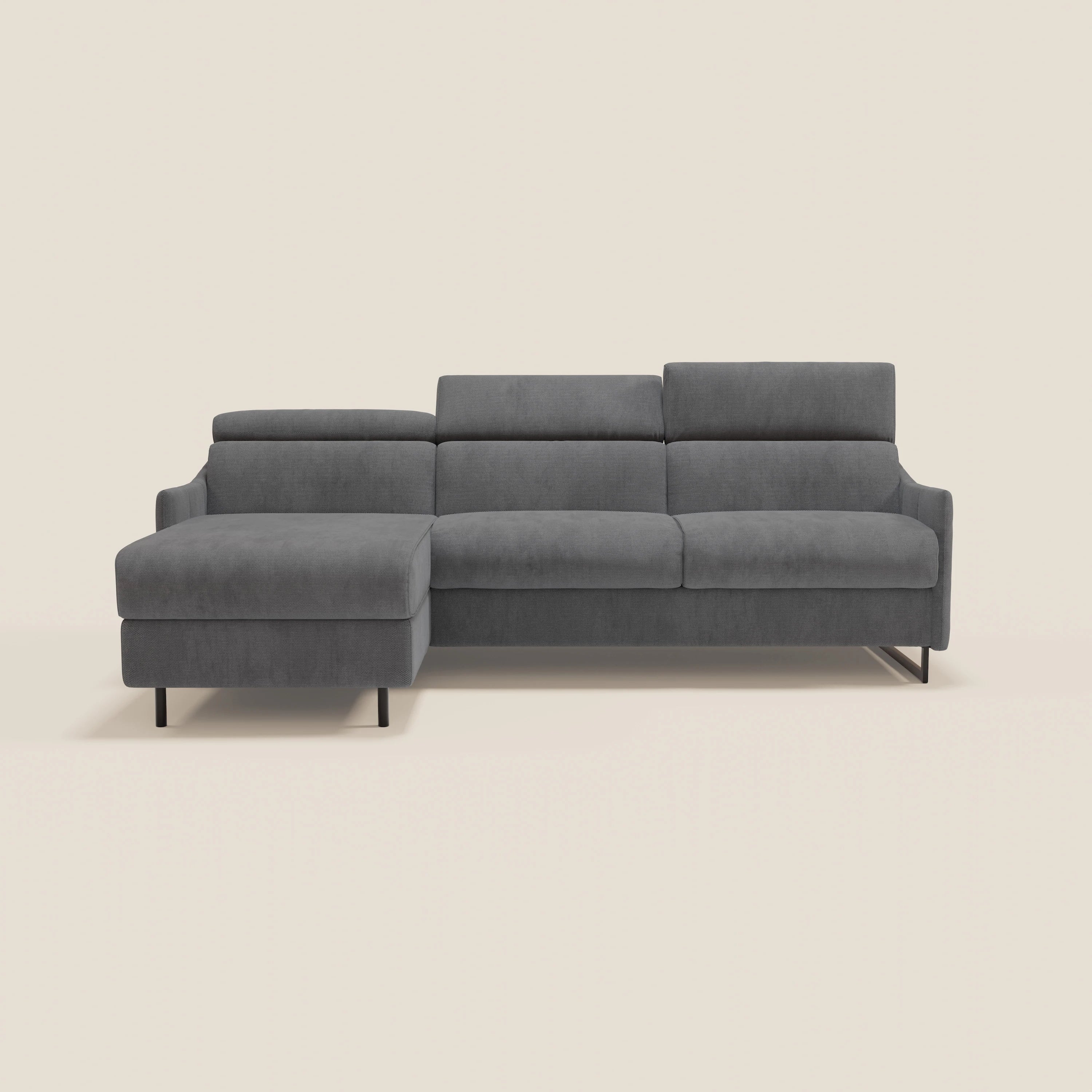 Loto Divano Letto Angolare con Penisola contenitore, Poggiatesta, Materasso Alto H18 in morbido tessuto impermeabile T14 - divani.store