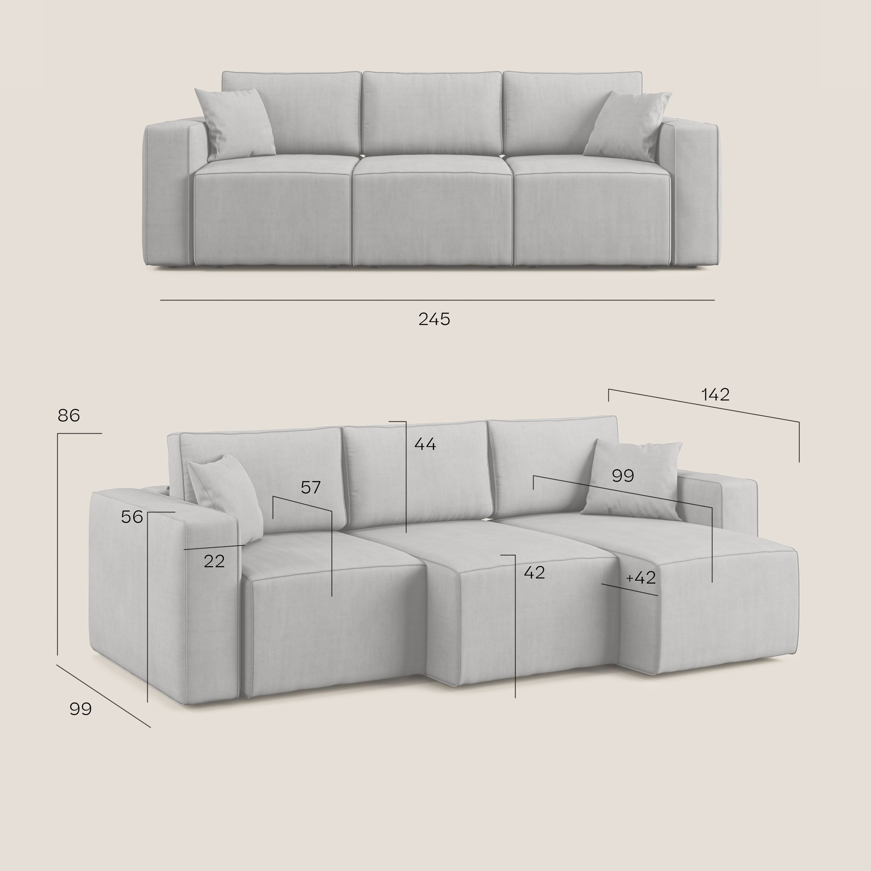 Morfeo divano con 3 sedute estraibili in morbido tessuto impermeabile T02 grigio - divani.store