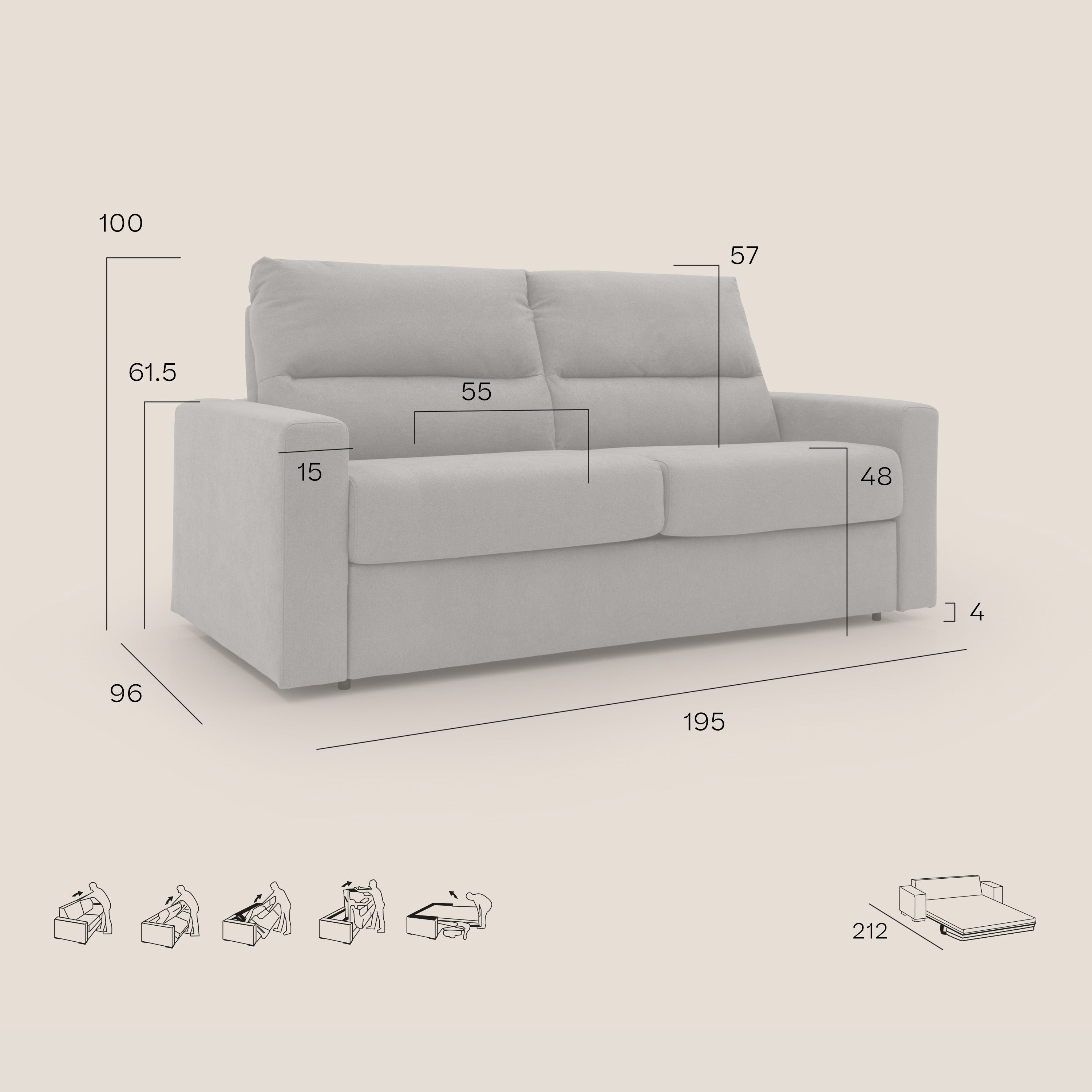 Paloma divano letto con materasso alto 18 cm con Aloe Vera in tessuto impermeabile grigio - divani.store