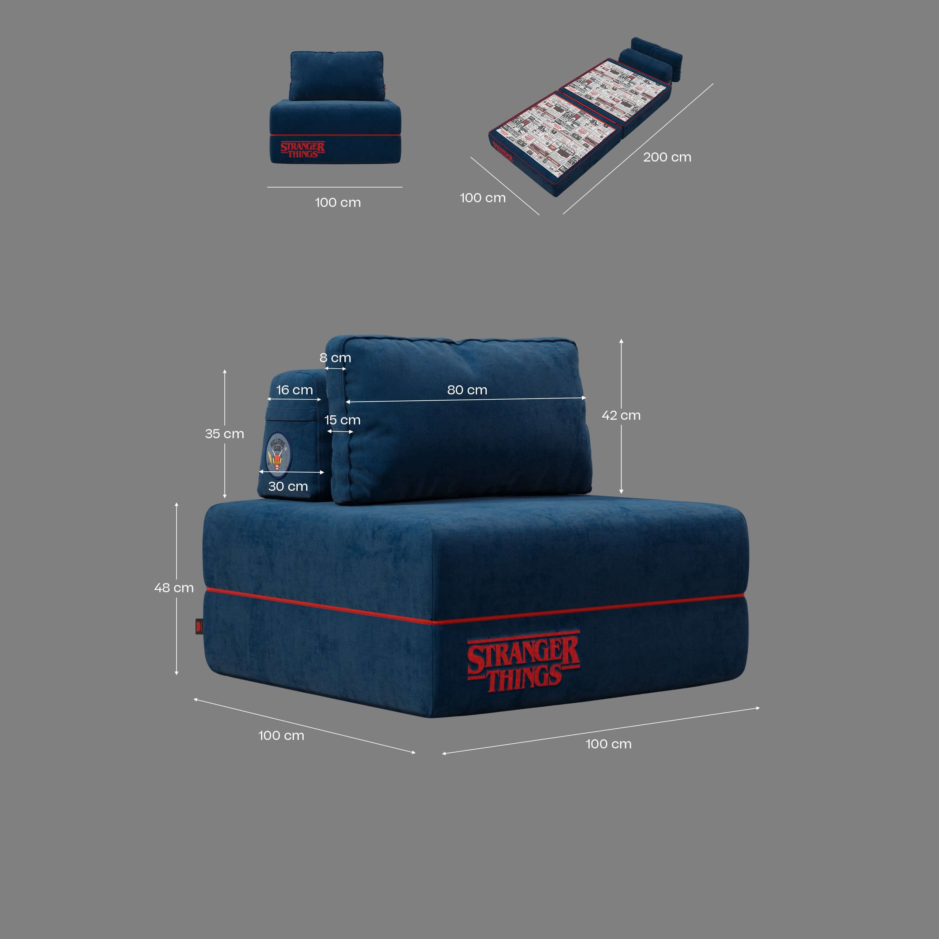 Rift fauteuil-lit Édition STRANGER THINGS avec matelas de 22 cm d'épaisseur et mousse à mémoire de forme - tissu détachable Bleu