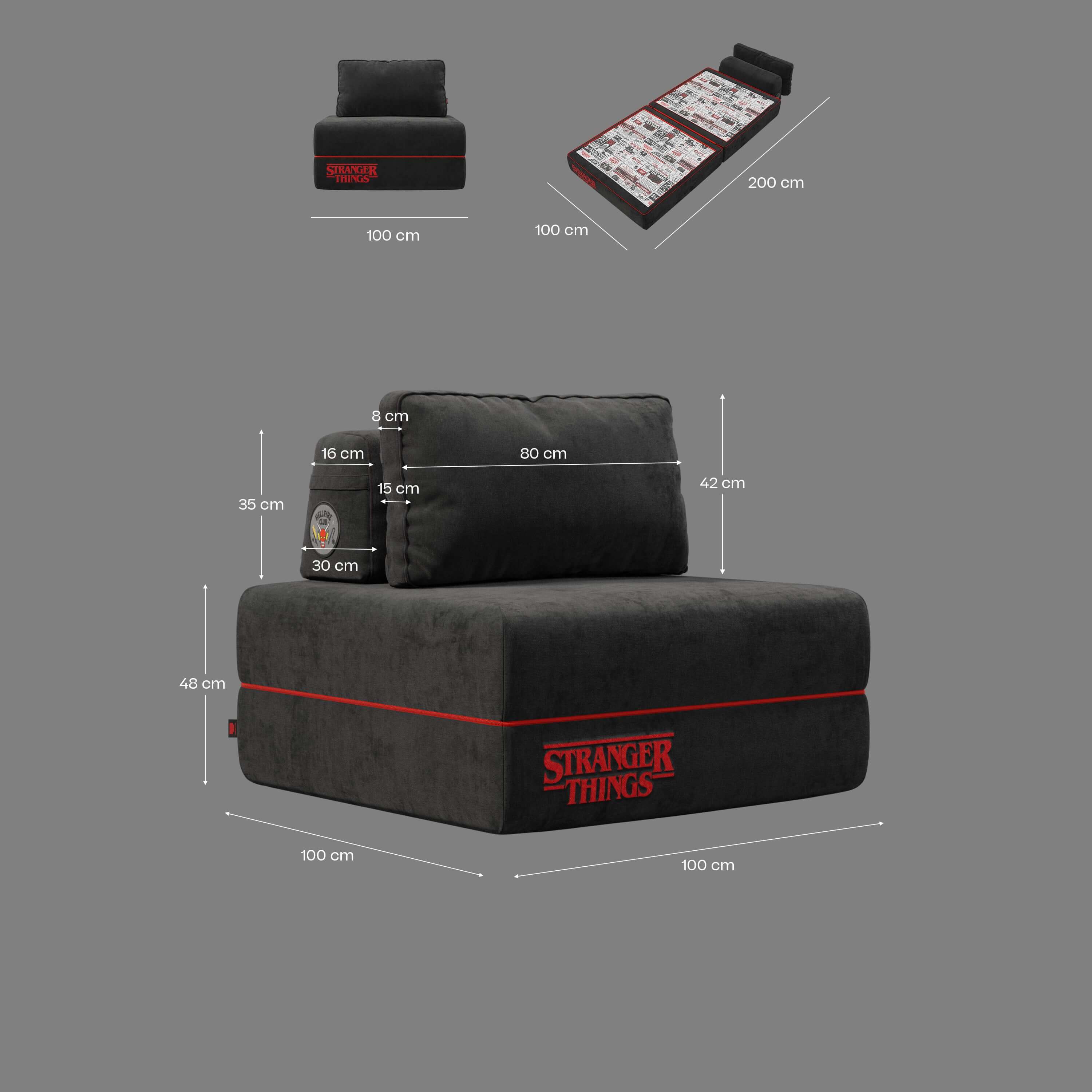 Rift fauteuil-lit Édition STRANGER THINGS avec matelas de 22 cm d'épaisseur et mousse à mémoire de forme - tissu détachable Anthracite