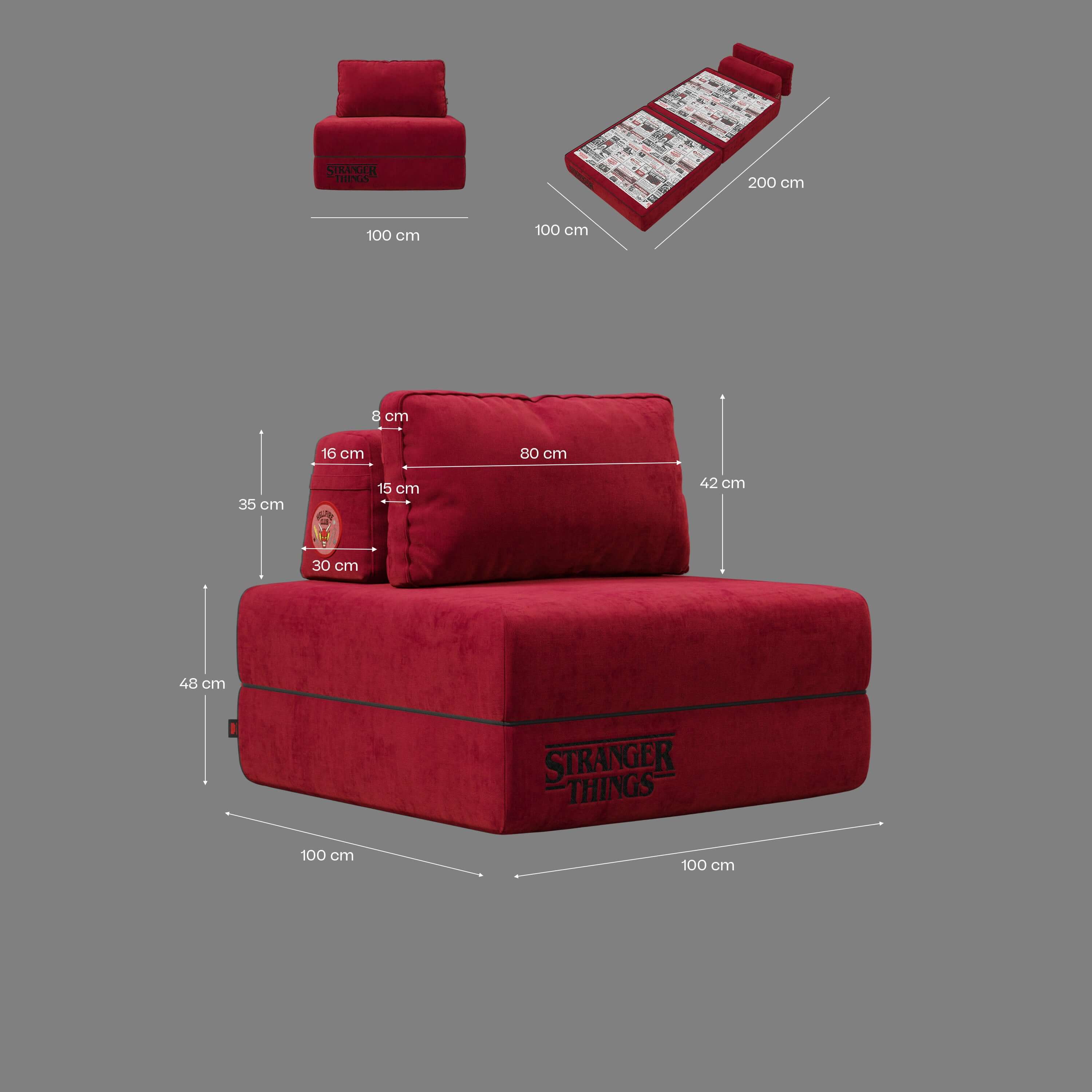 Rift fauteuil-lit Édition STRANGER THINGS avec matelas de 22 cm d'épaisseur et mousse à mémoire de forme - tissu détachable Rouge