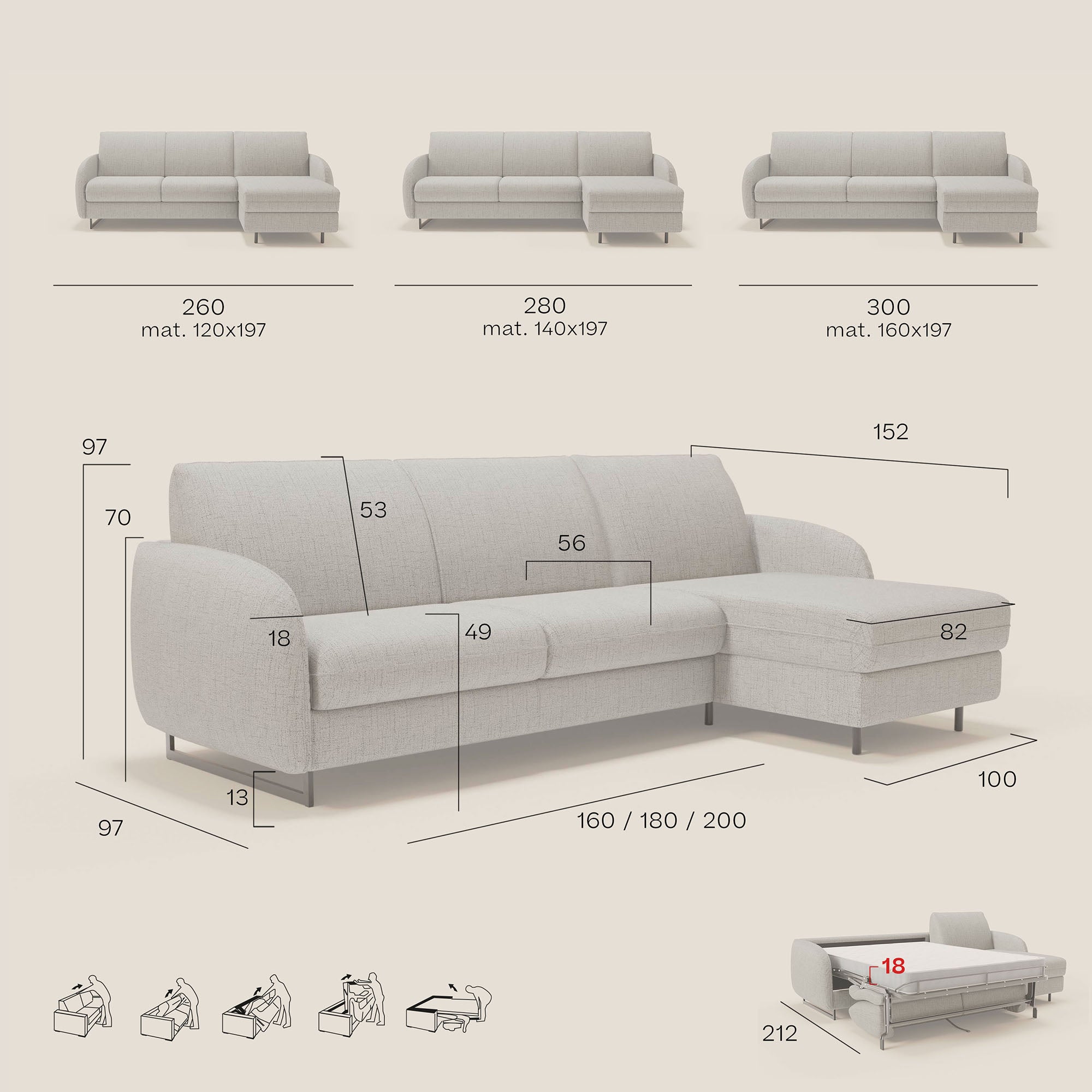 Ninfea Divano Letto Angolare con Penisola Contenitore e Materasso H18 cm - piedini in metallo e Tessuto impermeabile T03 - divani.store
