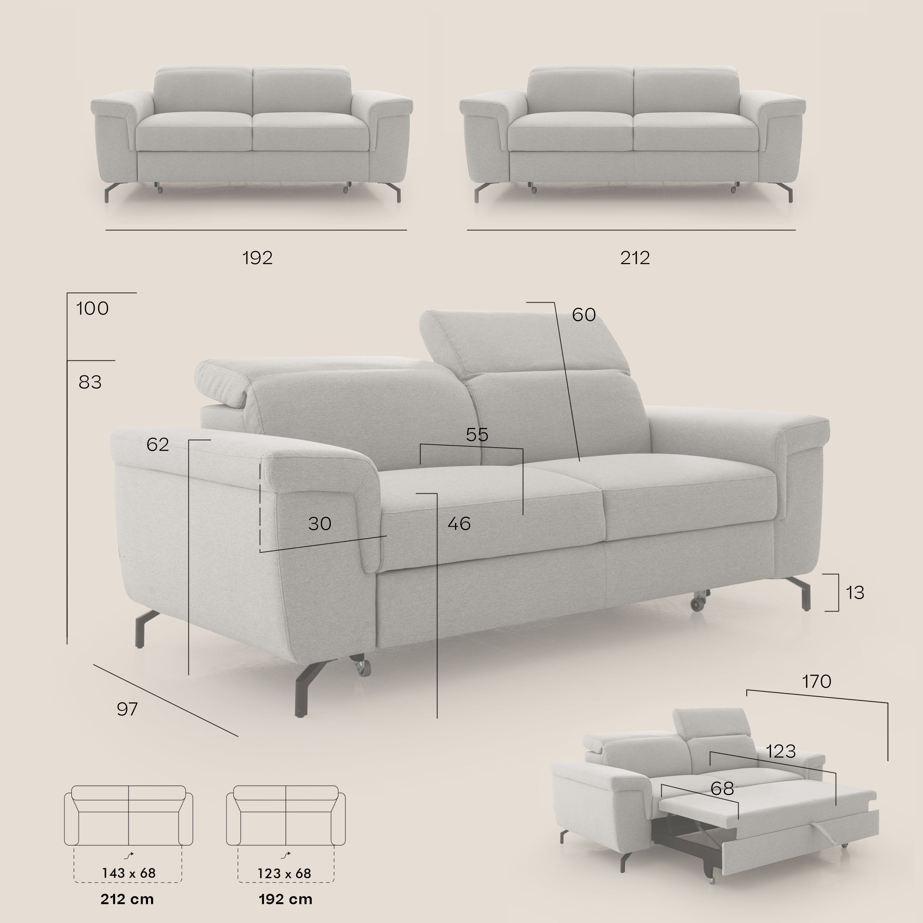 Aisha Divano con poggiapiedi estraibile piedini alti e poggiatesta reclinabili in tessuto Smacchiabile T05 marrone - divani.store