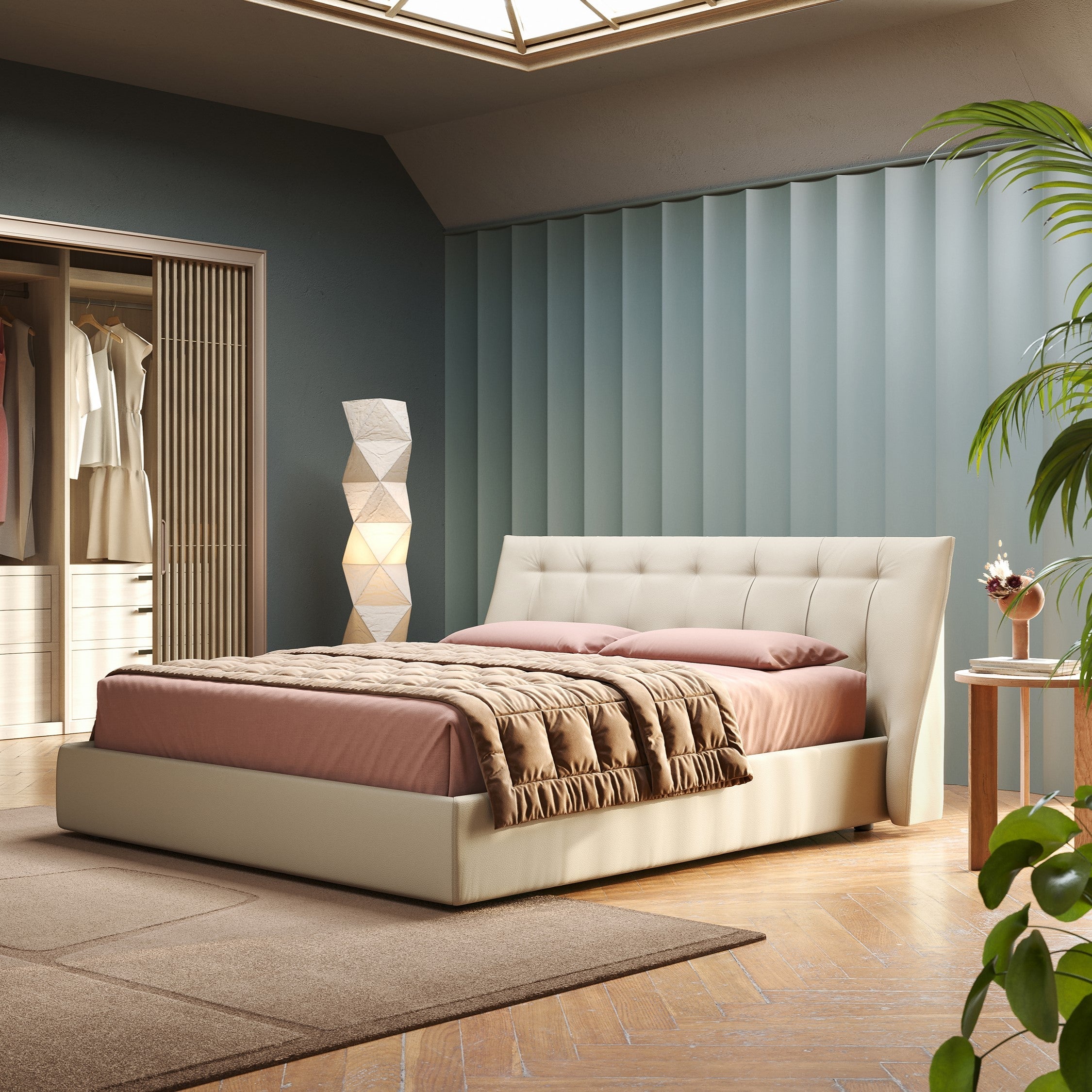 Clizia letto imbottito di design con vano contenitore in ecopelle impermeabile T04 panna - divani.store