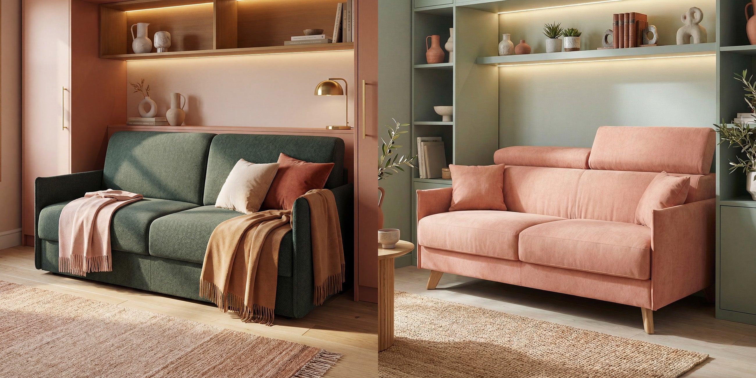 Due soggiorni moderni: a sinistra, un divano verde scuro con cuscini e parure nei toni della terra; a destra, un divano rosa acceso. Scaffali, decorazioni, piante e tappeti creano un'atmosfera accogliente e invitante. Testo "Compact Collection" in alto.