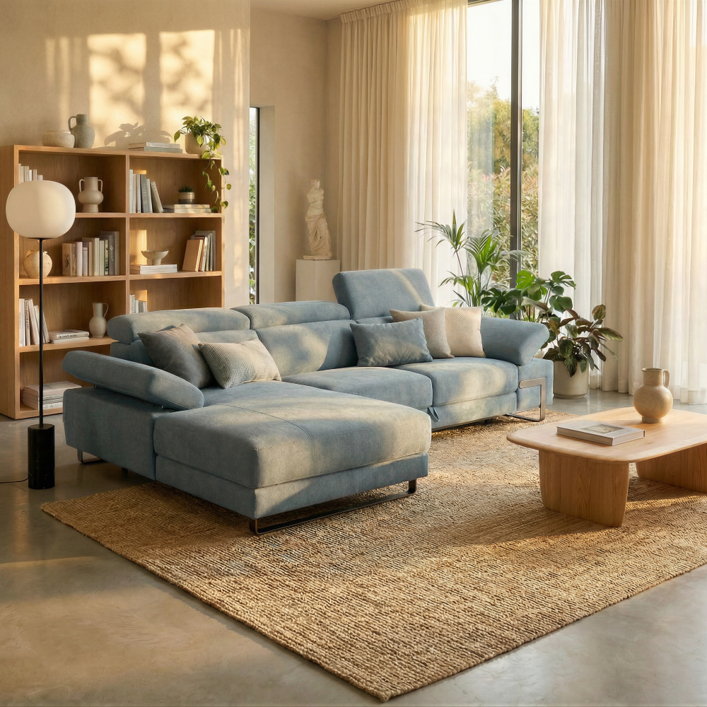 Un moderno divano componibile marrone chiaro con poggiatesta regolabile, poggiapiedi estraibile, ampi braccioli e gambe in metallo, su uno sfondo beige.