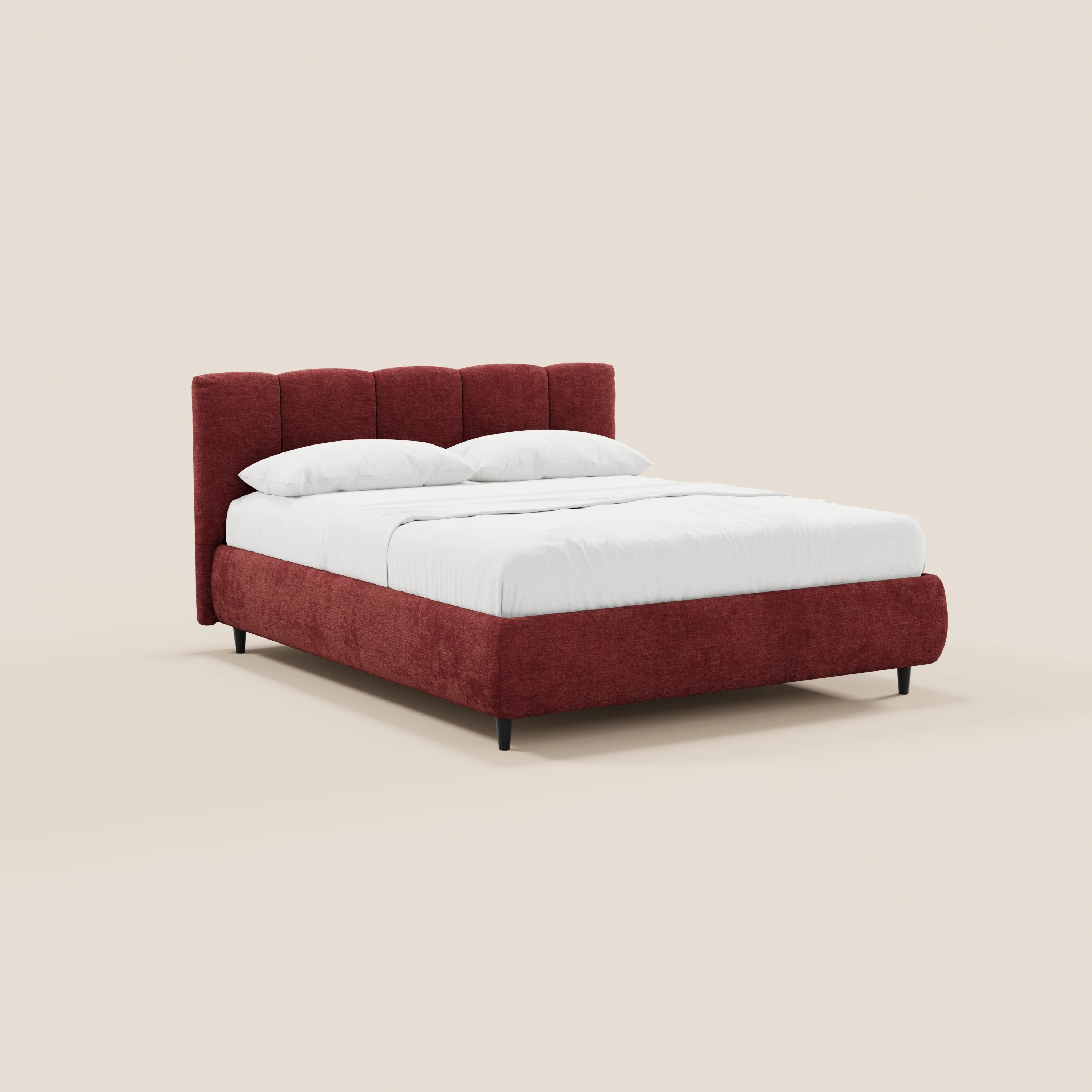 Il letto imbottito ARKAM di Letti.store presenta una testiera alta con cuciture verticali e un tessuto certificato Oeko-Tex® in rosso intenso, con una base contenitiva: l’ideale per dare un tocco shabby chic a qualsiasi camera da letto moderna.