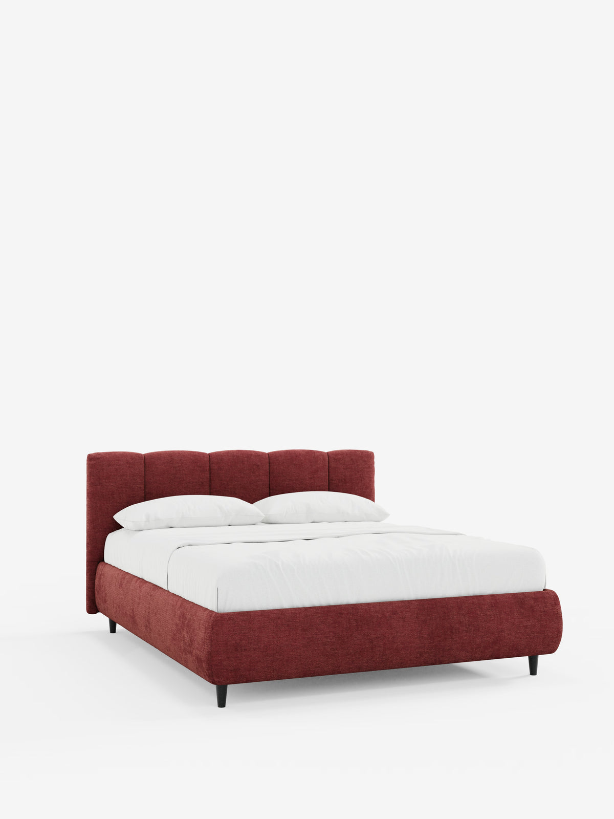 Vi presentiamo il letto imbottito ARKAM con contenitore e testiera a lavorazione verticale di Letti.store, un letto dal profilo basso con struttura in tessuto rosso certificato Oeko-Tex® e testiera caratterizzata da dettagli verticali. Caratterizzato da linee pulite, questo design in stile shabby chic risalta su uno sfondo bianco a tinta unita ed è completato da un materasso bianco, biancheria da letto e due cuscini bianchi, che mettono in risalto la sua silhouette moderna e il colore intenso.