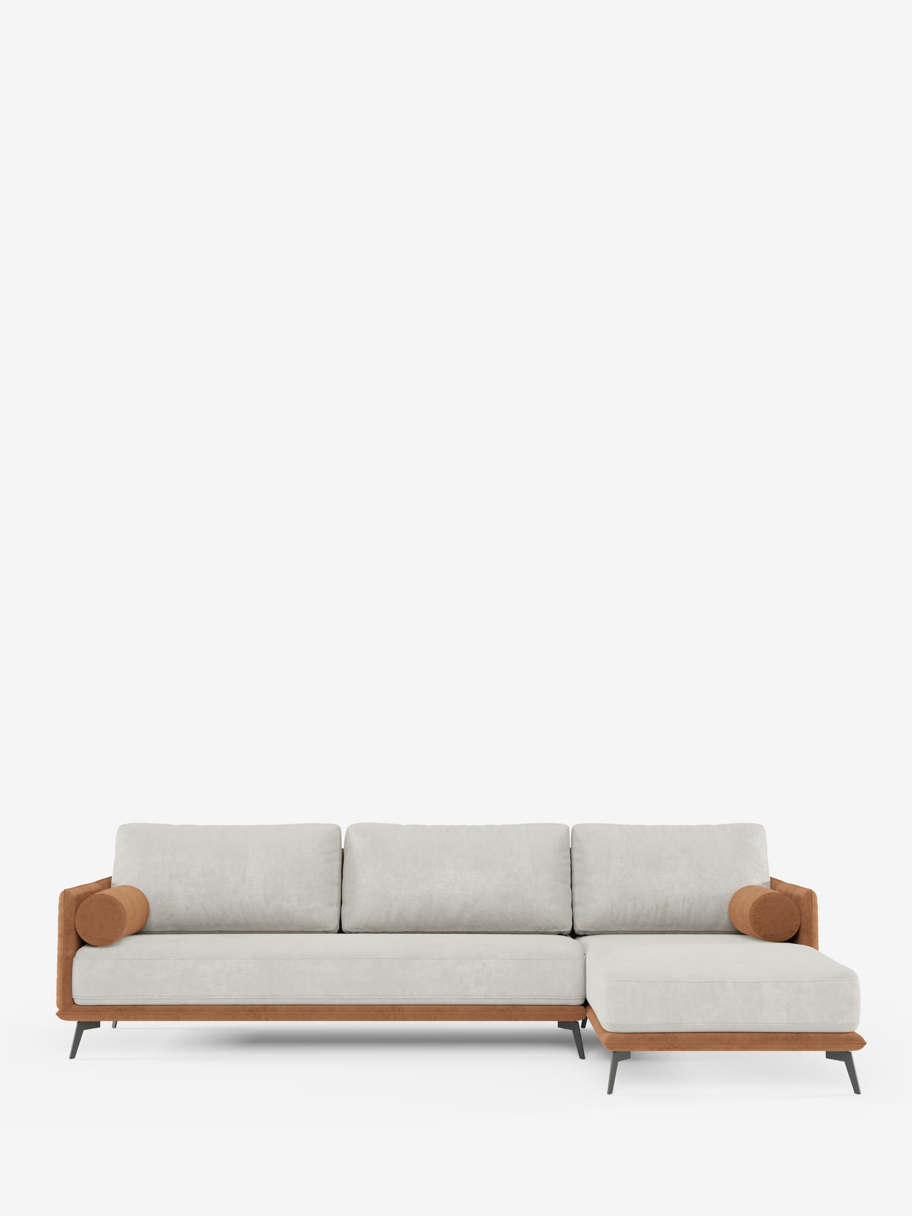 Basalto canapé d'angle bicolore avec méridienne et base en métal - dossiers en plumes et tissu détachable T31
