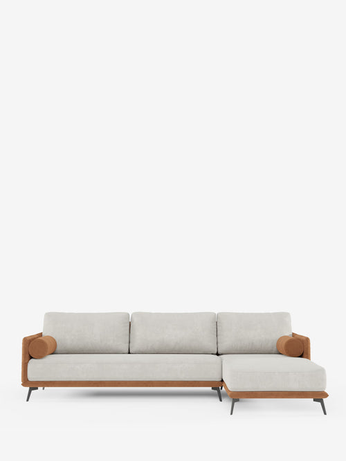 Basalto canapé d'angle bicolore avec méridienne et base en métal - dossiers en plumes et tissu détachable T31