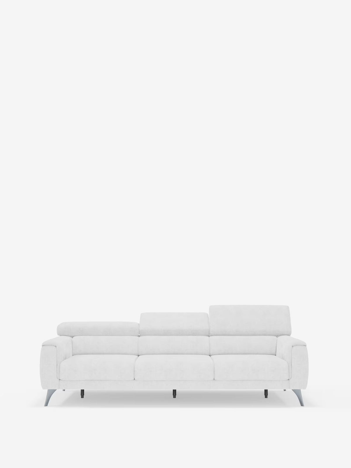 Un divano Caravaggio contemporaneo bianco a 4 posti con tre sedute scorrevoli di Divani.Store, caratterizzato da ampi braccioli, gambe in metallo e imbottitura morbida, è esposto su uno sfondo bianco a tinta unita per un look minimalista e pulito. Con il suo profilo ribassato, i poggiatesta regolabili e il rivestimento in tessuto T31 resistente alle macchie, questo divano moderno è la scelta ideale per gli spazi abitativi contemporanei.
