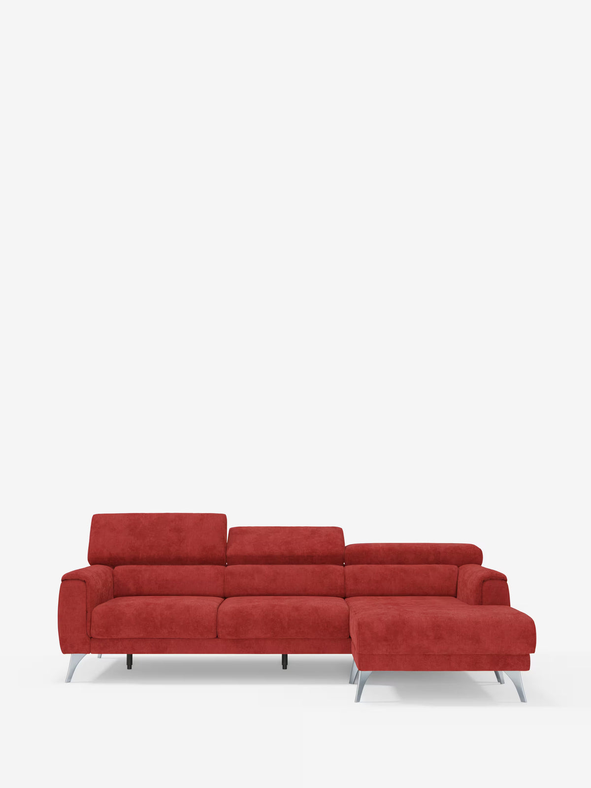 Il divano angolare Caravaggio con penisola e sedute scorrevoli in tessuto smacchiabile T31 di Divani.Store è un moderno divano componibile rosso con chaise longue sulla destra, caratterizzato da morbidi cuscini, schienali bassi e sottili gambe in metallo. Su uno sfondo bianco a tinta unita, questo elegante divano mette in risalto un design lineare e contemporaneo.