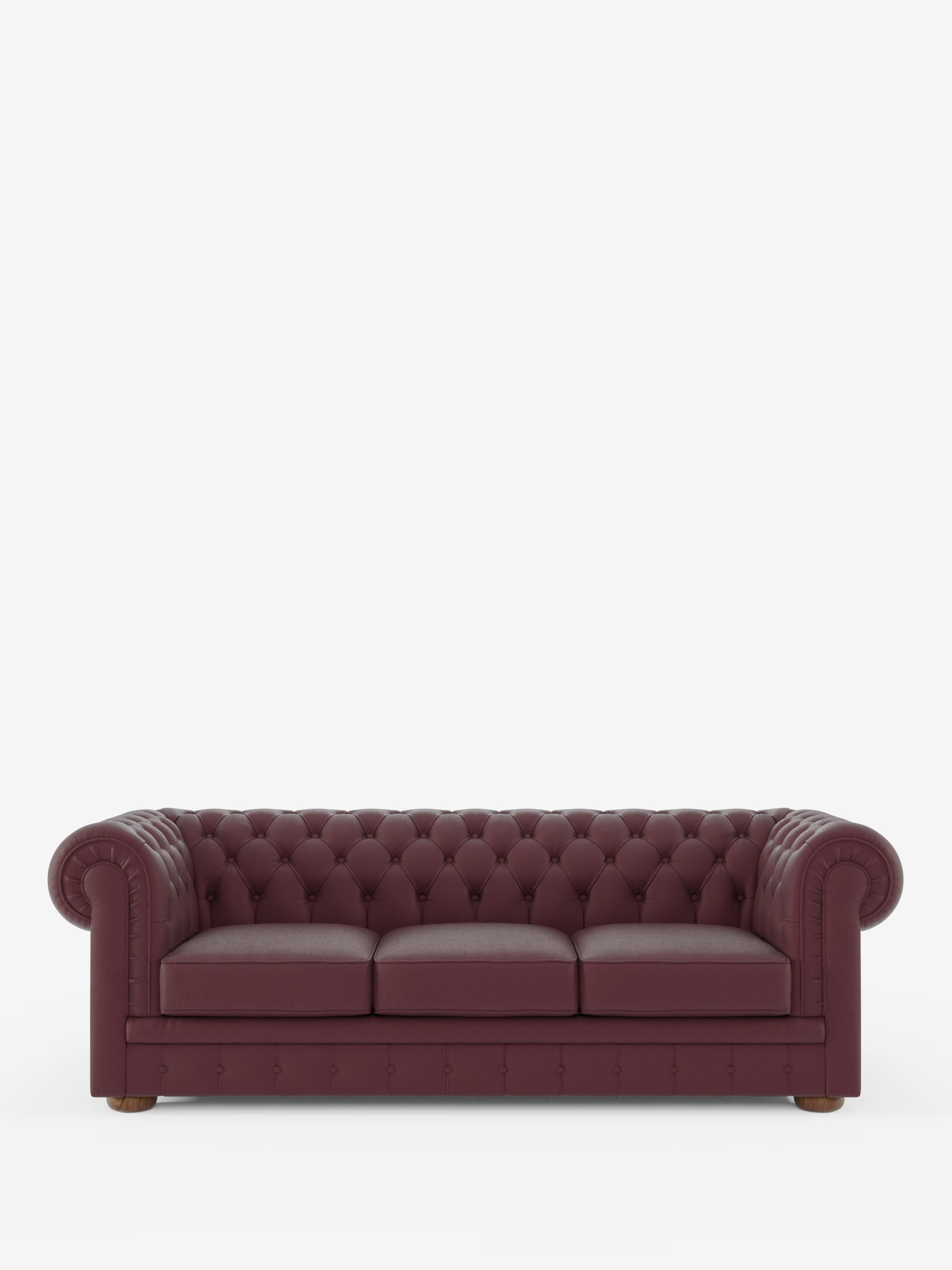 Un divano Chester 4 Posti 3 sedute color bordeaux in vera pelle – Chesterfield Capitonné Artigianale di Divani.Store, caratterizzato da tre cuscini di seduta, braccioli arrotondati, gambe in legno e bottoni profondi, è raffigurato al centro su uno sfondo bianco. Questo elegante divano si distingue per il suo design classico e la meticolosa lavorazione artigianale.
