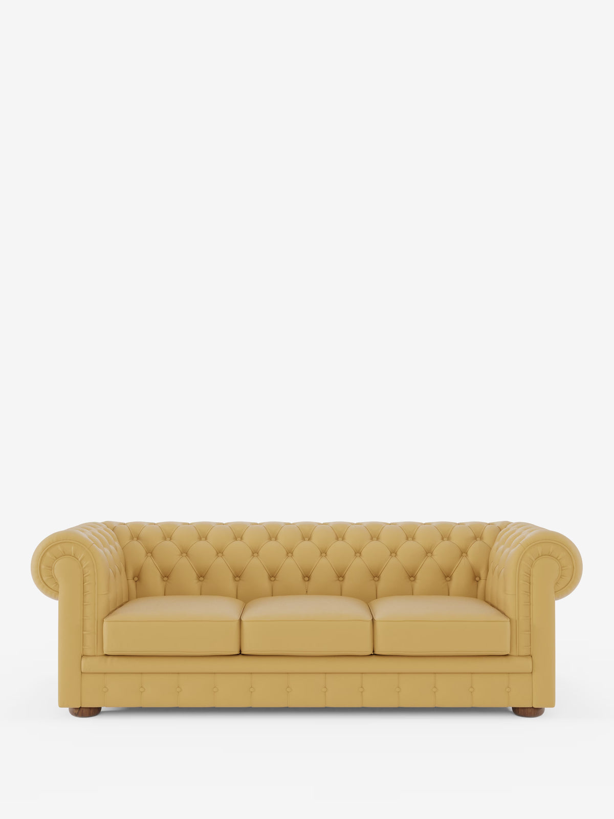 Il divano Chester a 4 posti con 3 sedute in vera pelle – Chesterfield capitonné artigianale di Divani.Store, caratterizzato da un design in pelle capitonné color senape con tre cuscini di seduta, braccioli arrotondati e gambe in legno, è esposto su uno sfondo bianco a tinta unita per mettere in risalto la sua elegante lavorazione artigianale.