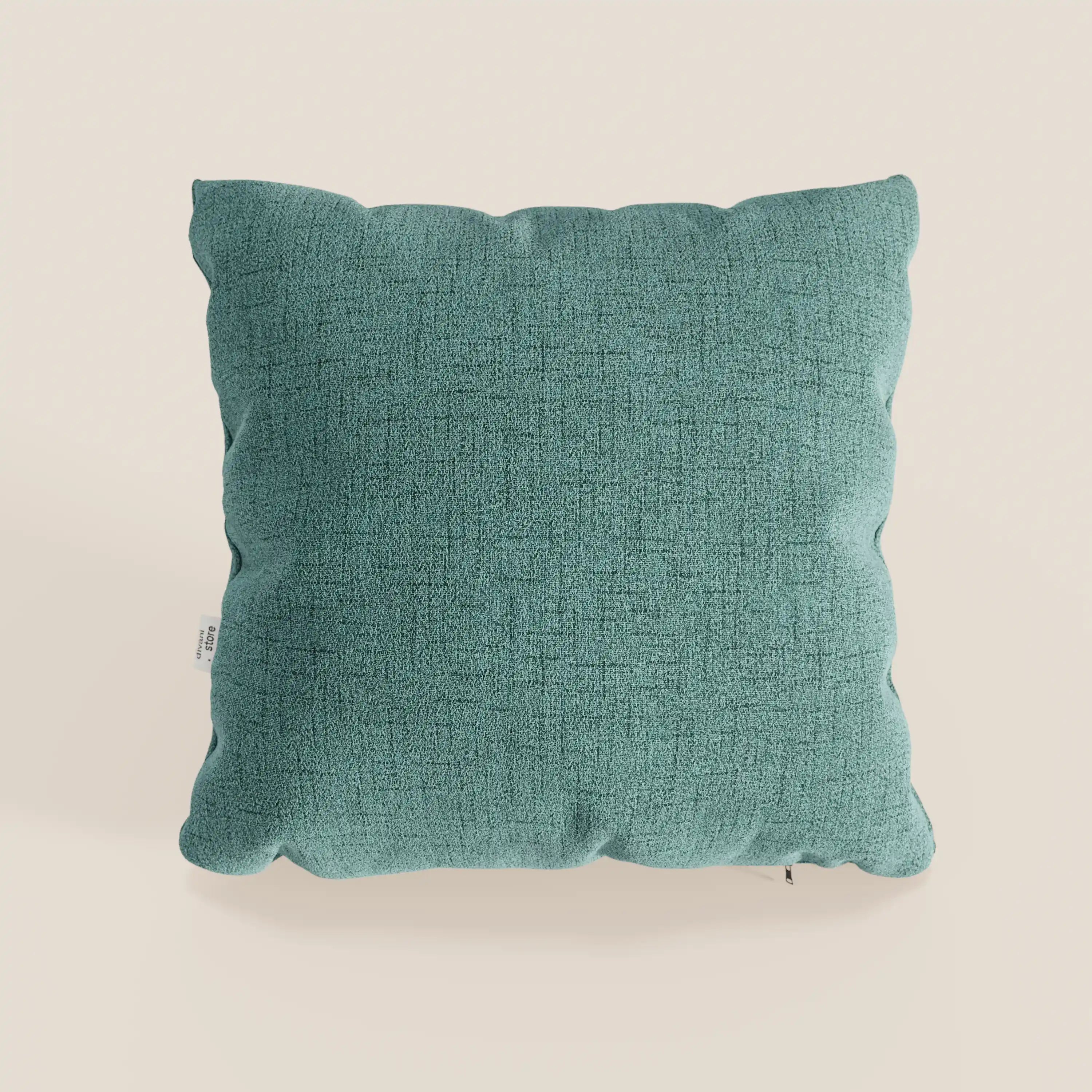 Il cuscino Felis di Divani.Store, 45x45 cm in verde acqua T03, è caratterizzato da una forma squadrata in morbido tessuto idrorepellente con una sottile trama e bordi frastagliati, su uno sfondo crema chiaro con etichetta laterale bianca.