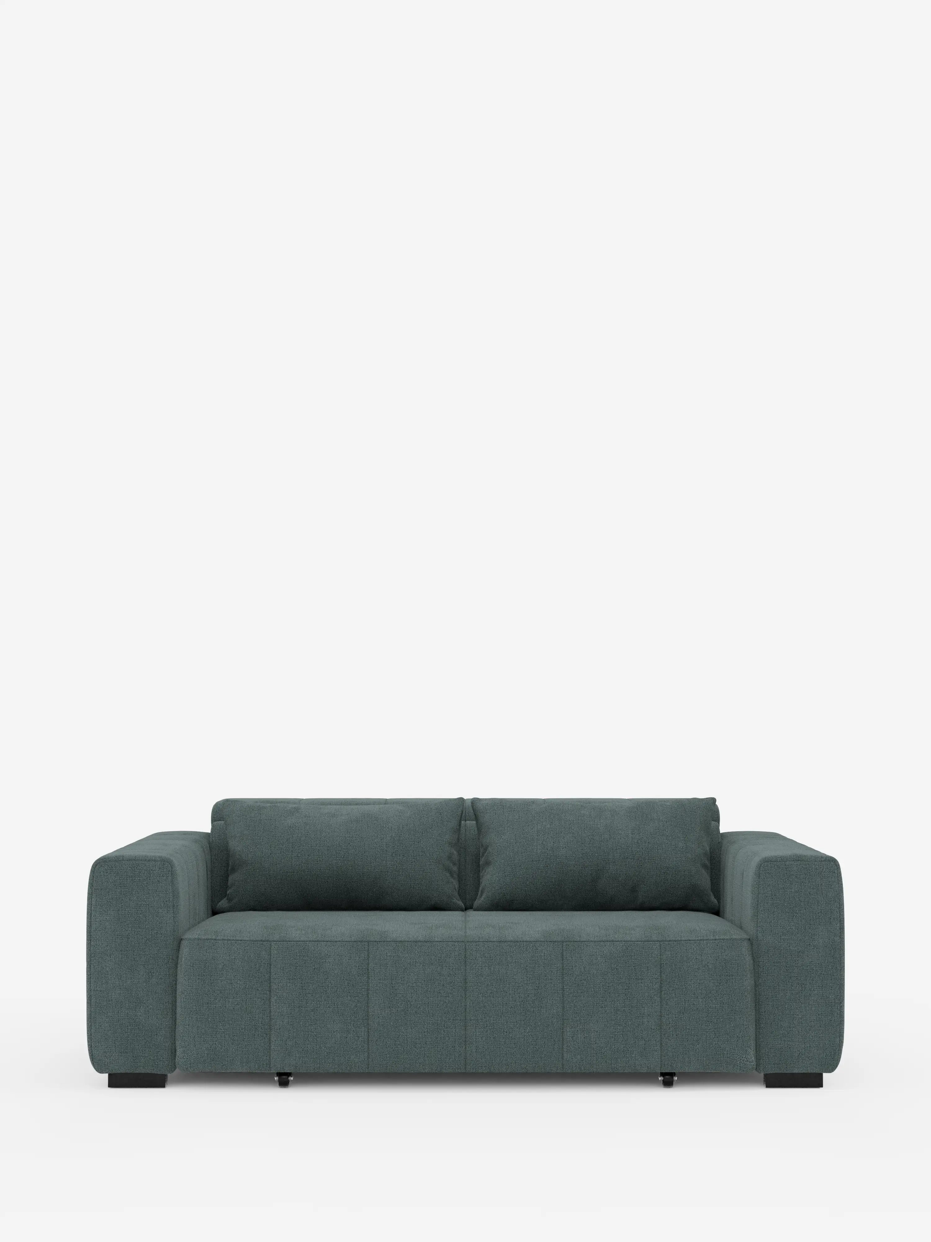 Un divano a 3 posti Doric in tessuto verde acqua scuro in stile contemporaneo, con sedute allungabili tramite meccanismo relax elettrico di Divani.Store, caratterizzato da ampi braccioli e due cuscini schienali, poggia su gambe nere su uno sfondo bianco a tinta unita. Questo divano sfoderabile vanta una silhouette squadrata e minimalista con un profilo basso, un rivestimento T23 antimacchia e è dotato di sedute allungabili elettricamente e poggiatesta regolabili.