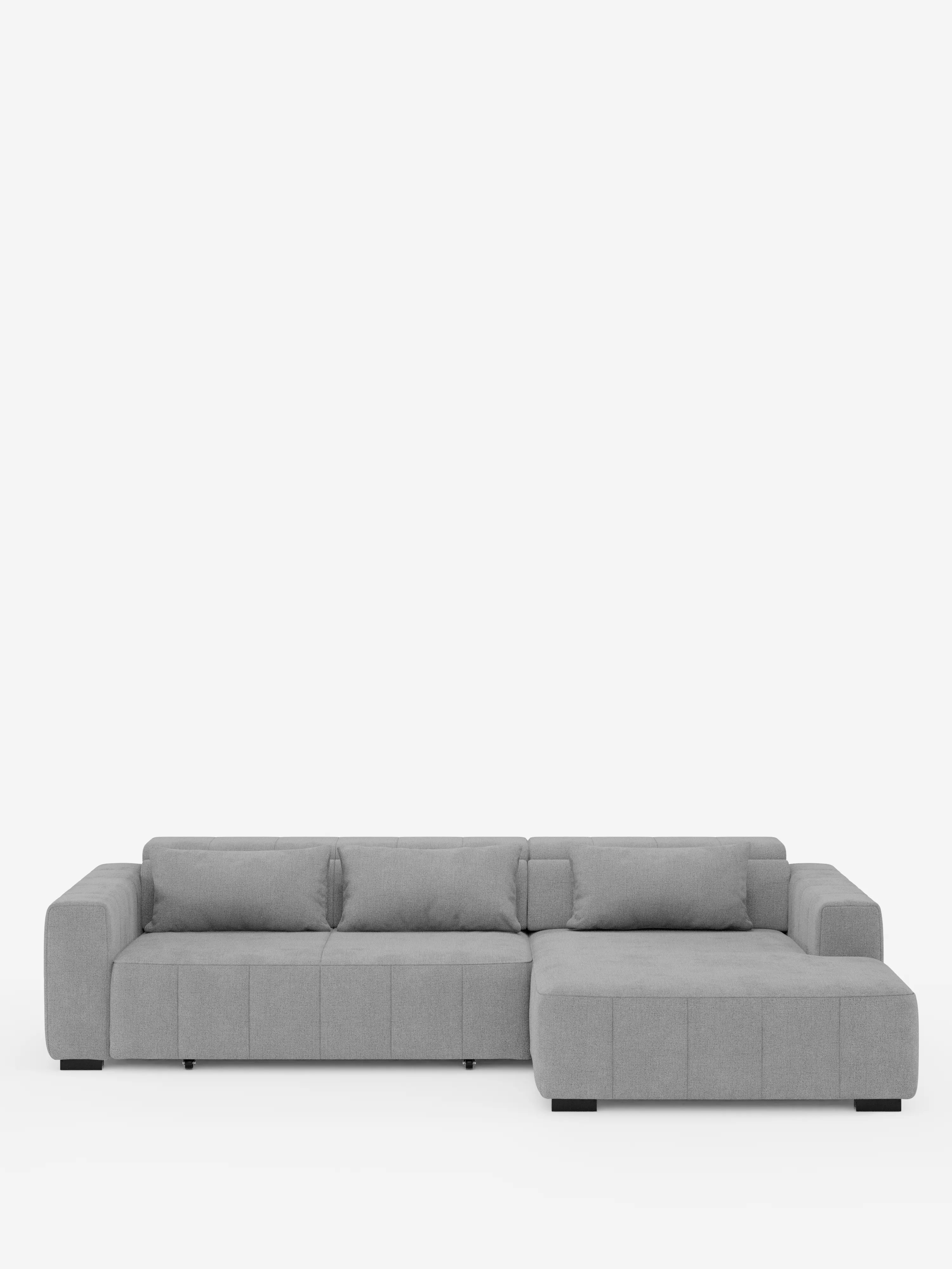 Il “Doric Divano angolare con penisola e sedute allungabili con relax elettrico” di Divani.Store è un divano componibile contemporaneo in grigio chiaro, caratterizzato da ampi braccioli, schienali bassi con poggiatesta reclinabili e morbidi cuscini. Rivestito in tessuto T23 di facile manutenzione, questo divano con penisola include una chaise longue sul lato destro e poggia su gambe corte nere; nella foto è raffigurato su uno sfondo bianco a tinta unita.