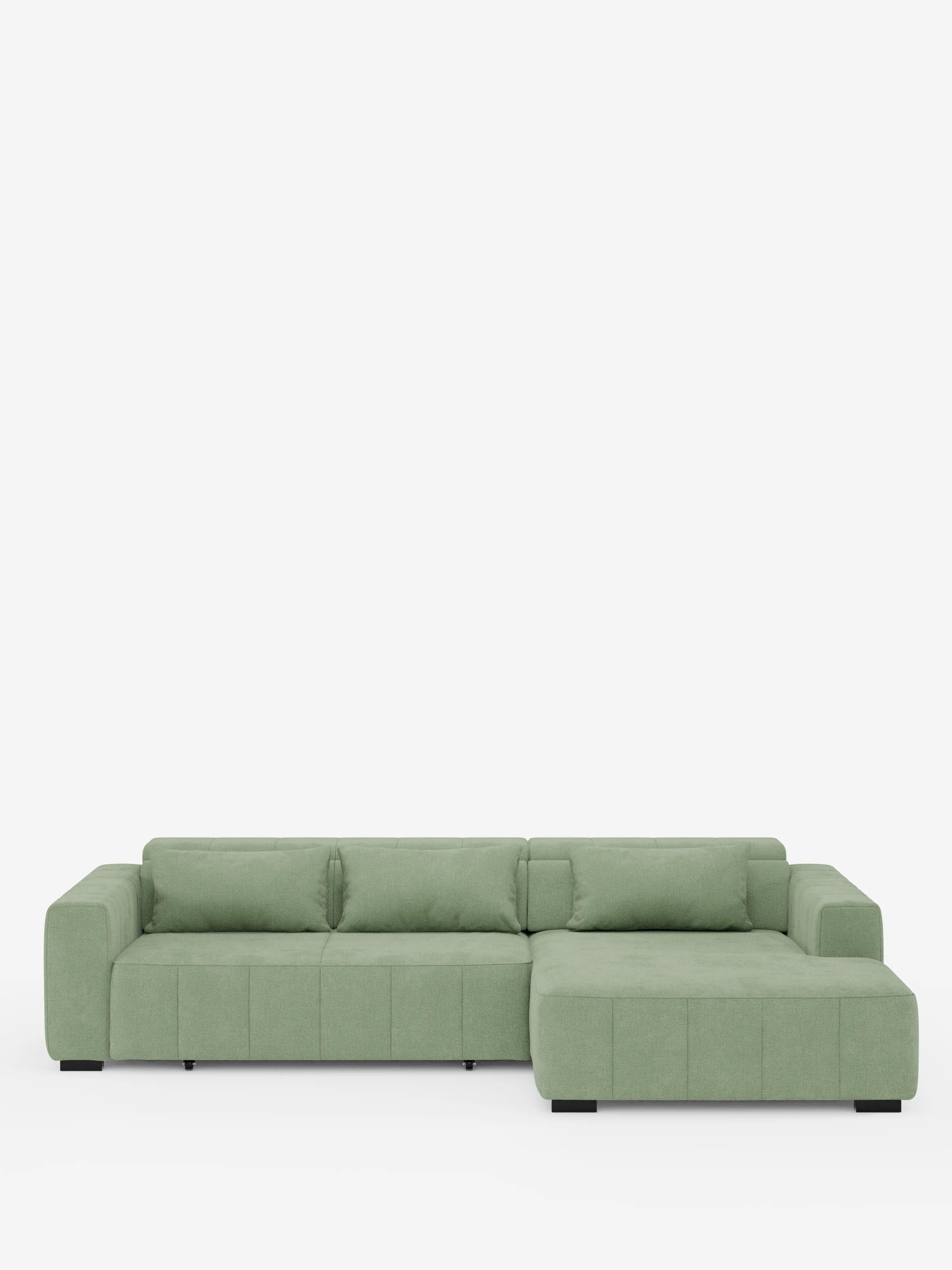 Vi presentiamo il divano angolare Doric con penisola e sedute allungabili con funzione relax elettrica di Divani.Store: un moderno divano componibile verde chiaro con chaise longue sul lato destro, linee pulite e braccioli bassi e larghi. Caratterizzato da cuscini squadrati, poggiatesta regolabili e sedute relax allungabili elettricamente in tessuto T23 antimacchia, il divano poggia su piccoli piedini neri. Il suo design contemporaneo e il suo colore risaltano su uno sfondo bianco a tinta unita.