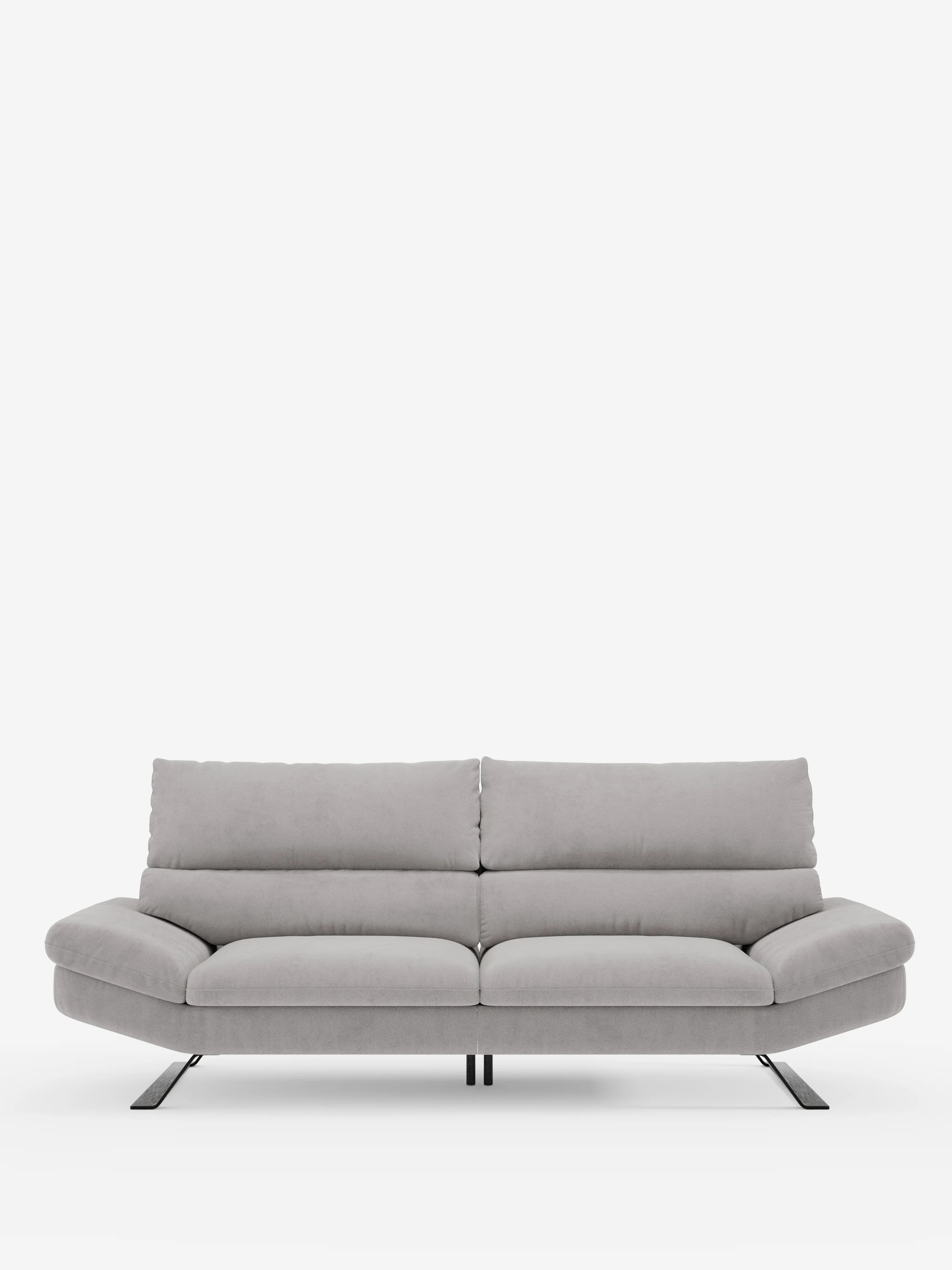 Un divano Eclipse dal design moderno di Divani.Store in grigio chiaro, dotato di due cuscini di seduta, uno schienale imbottito con schienali traslanti per un comfort personalizzato e modulabile, e gambe in metallo nero dall’angolazione accentuata. Il divano è realizzato in elegante microfibra T11 resistente alle macchie e presenta morbidi braccioli arrotondati e una silhouette contemporanea dal profilo basso su uno sfondo bianco a tinta unita. Disponibile nella versione a 2 o 3 posti.