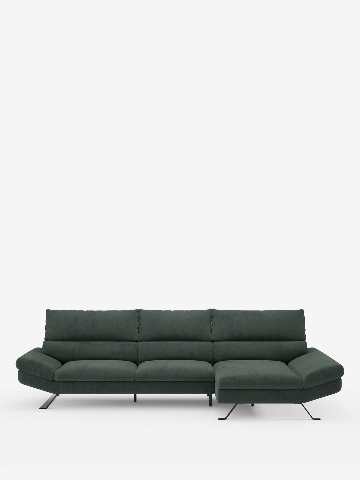 Il divano angolare Eclipse con penisola e schienali traslanti in microfibra tecnica smacchiabile T11 di Divani.Store è un moderno divano angolare verde scuro a tre posti con chaise longue sul lato destro, caratterizzato da sottili gambe in metallo nero e morbidi cuscini con un elegante design dello schienale traslante, che risalta su uno sfondo bianco a tinta unita.