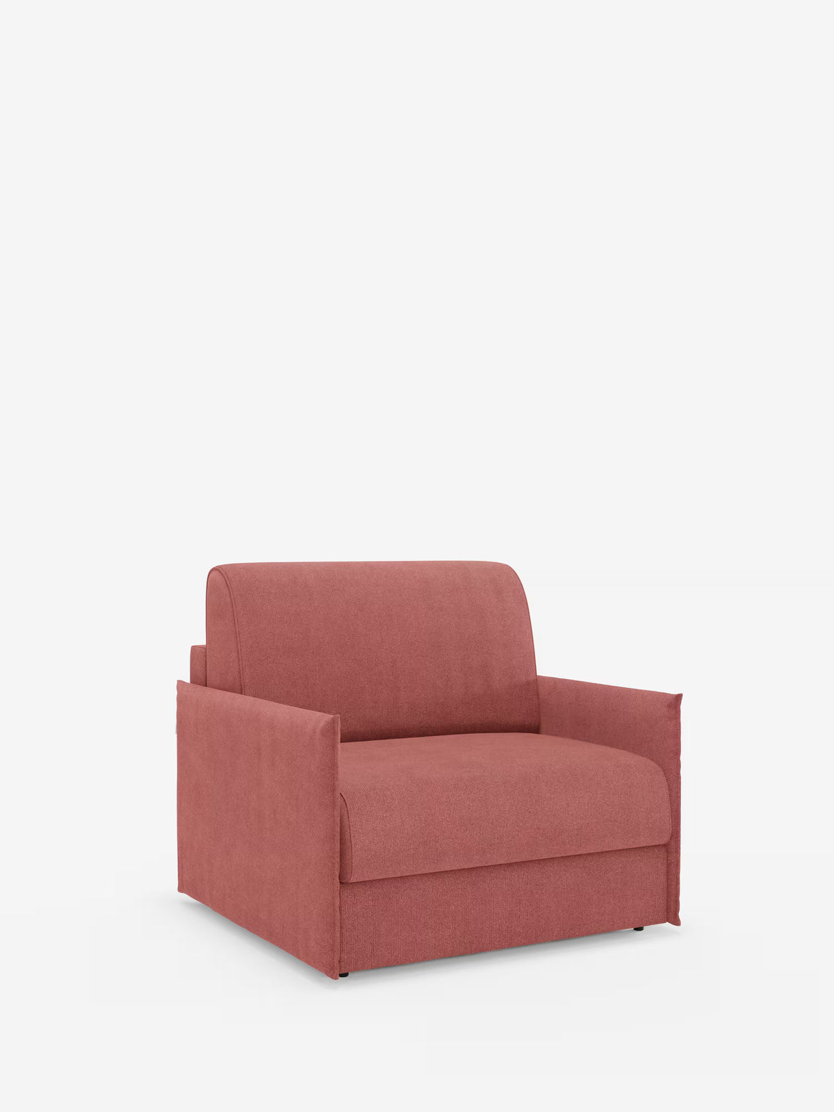 Una poltrona moderna e ampia, rivestita in tessuto T23 rosso tenue e resistente alle macchie, con braccioli dritti e schienale basso, su uno sfondo bianco a tinta unita. La poltrona letto compatta Evans con materasso di Divani.Store presenta un design squadrato e minimalista con seduta imbottita e rivestimenti sfoderabili: perfetta per massimizzare il comfort e risparmiare spazio senza rinunciare allo stile.