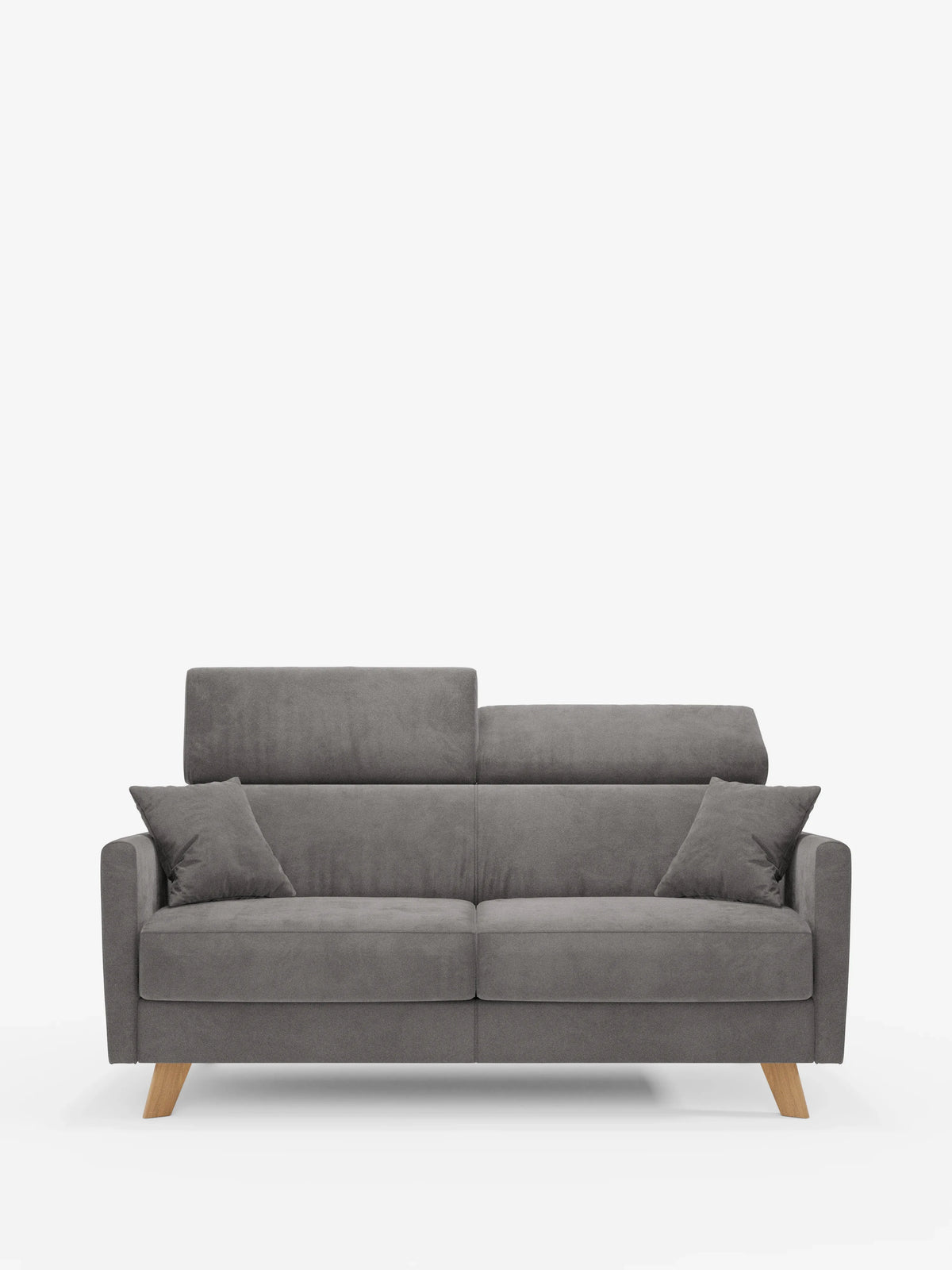 Un divano letto Francy dal design contemporaneo con poggiatesta regolabili di Divani.Store, rivestito in elegante tessuto grigio T30 resistente alle macchie, spicca su uno sfondo bianco a tinta unita. Il divano è dotato di due cuscini di seduta, due poggiatesta regolabili che fungono da schienali e include due cuscini decorativi grigi coordinati alle estremità, per un look elegante e versatile.