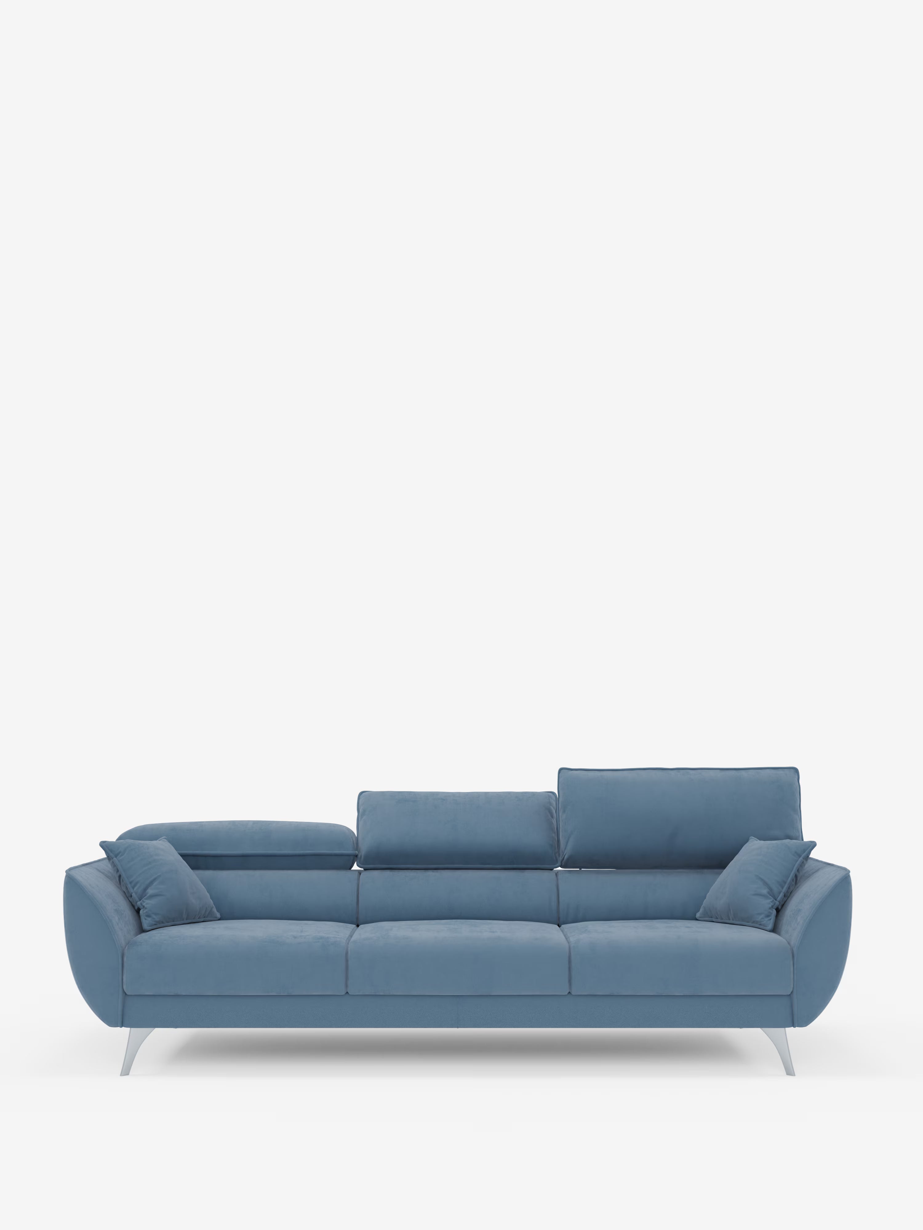 Vi presentiamo il divano Michelangelo 4 Posti di Divani.Store: un divano contemporaneo blu dotato di tre sedute estensibili e poggiatesta regolabili, rivestito in elegante tessuto in velluto T30 resistente alle macchie. Con sottili gambe in metallo e morbidi cuscini rettangolari sia per lo schienale che per i braccioli, questo design minimalista è ideale per i soggiorni contemporanei ed è raffigurato su uno sfondo bianco a tinta unita.