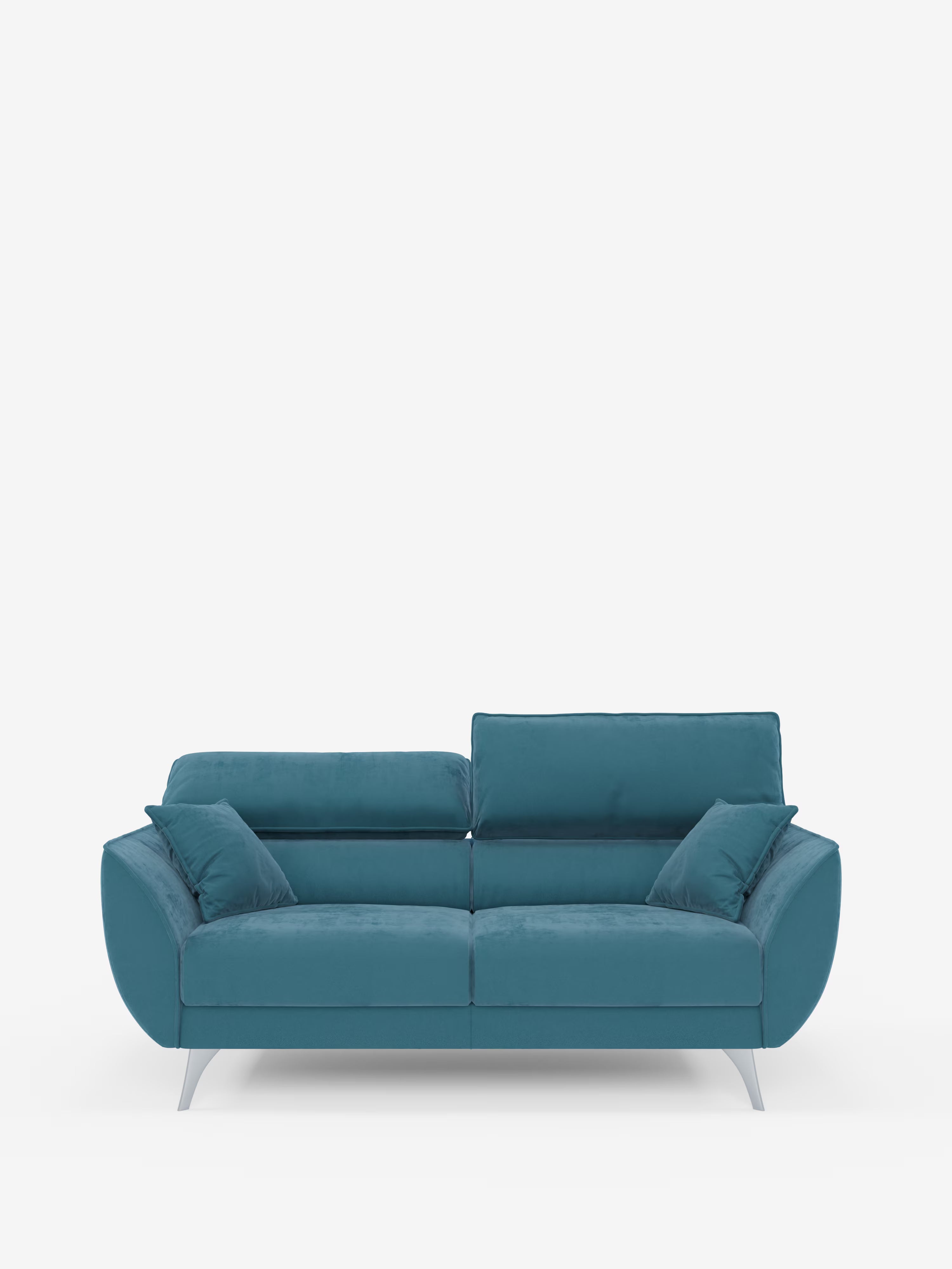 Vi presentiamo il divano Michelangelo a 2 e 3 posti di Divani.Store, dotato di due ampi cuscini di seduta, tre cuscini dello schienale generosamente imbottiti e due cuscini decorativi abbinati. Questo moderno divano color verde acqua presenta ampi braccioli angolati, sottili gambe in metallo e un comfort ottimizzato grazie alle sedute estensibili e ai poggiatesta reclinabili. Rivestito in tessuto T30 resistente alle macchie, è presentato su uno sfondo bianco a tinta unita.