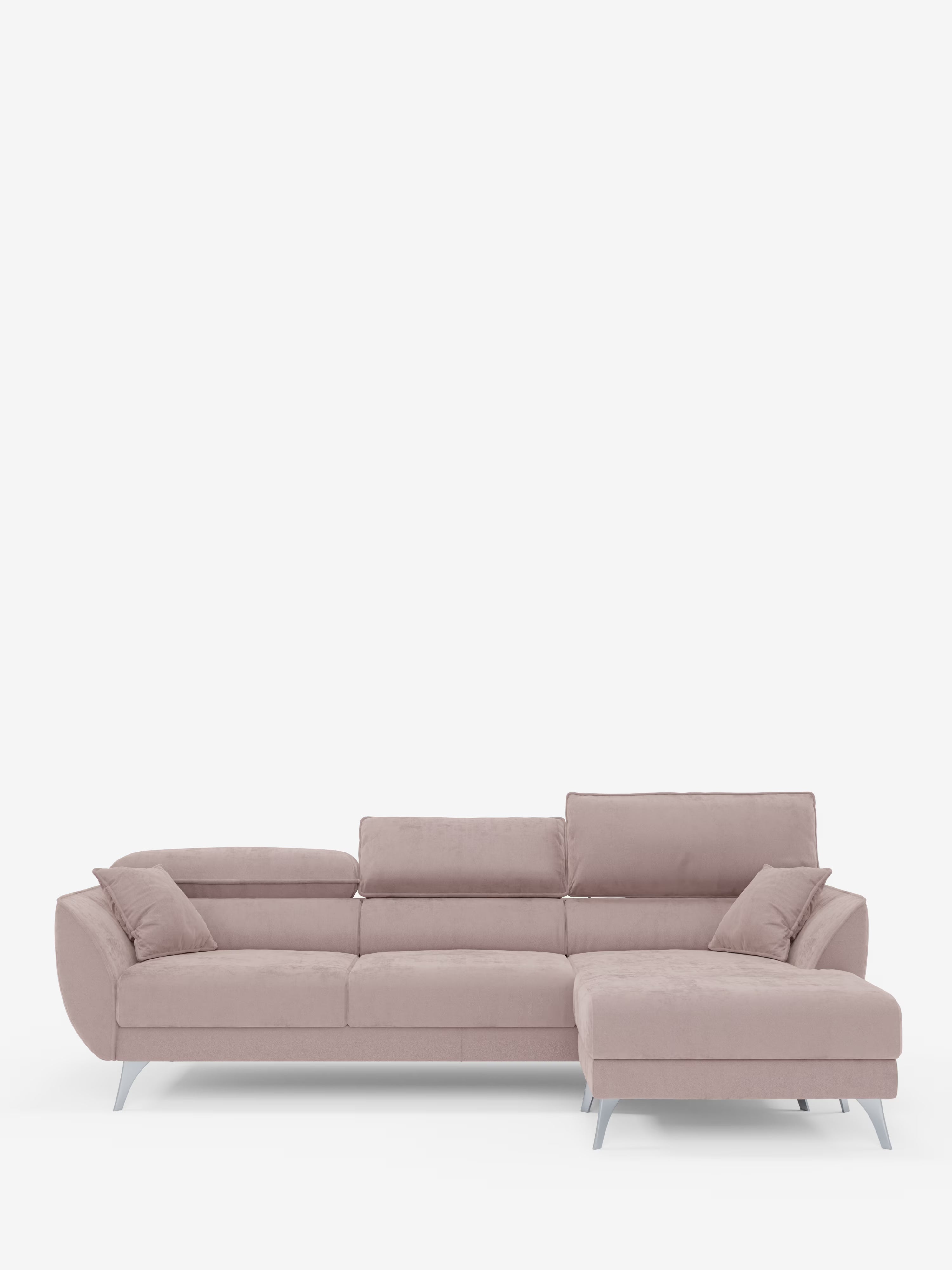 Vi presentiamo il divano angolare Michelangelo con penisola e sedute estensibili di Divani.Store. Questo elegante divano angolare, realizzato in un raffinato tessuto T30 effetto velluto color malva resistente alle macchie, presenta sottili gambe angolari argentate e incorpora una spaziosa chaise longue (penisola) sul lato destro. Progettato per garantire il massimo comfort, vanta morbidi schienali, ampi braccioli, poggiatesta reclinabili e sedute estensibili, il tutto su uno sfondo bianco brillante.