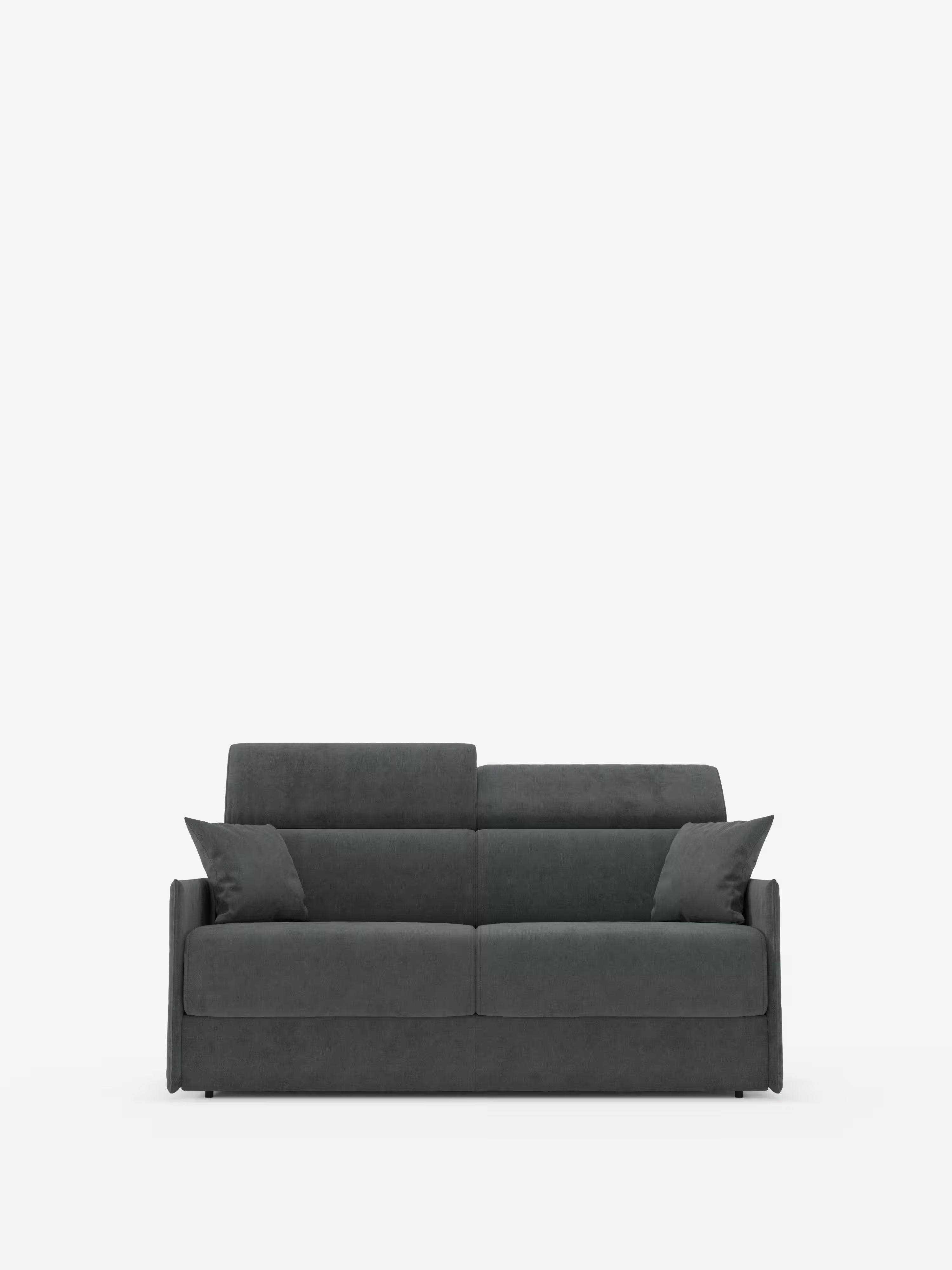 Il divano letto Miryam con poggiatesta reclinabili e comfort maxi di Divani.Store è un divano moderno, di colore grigio scuro, dalle linee pulite e con due cuscini decorativi grigi abbinati, presentato su uno sfondo bianco. Con il suo morbido schienale rettangolare, i braccioli e il design compatto in morbido tessuto T31 resistente alle macchie, questo divano letto offre uno stile contemporaneo minimalista e un comfort superiore grazie ai poggiatesta regolabili.