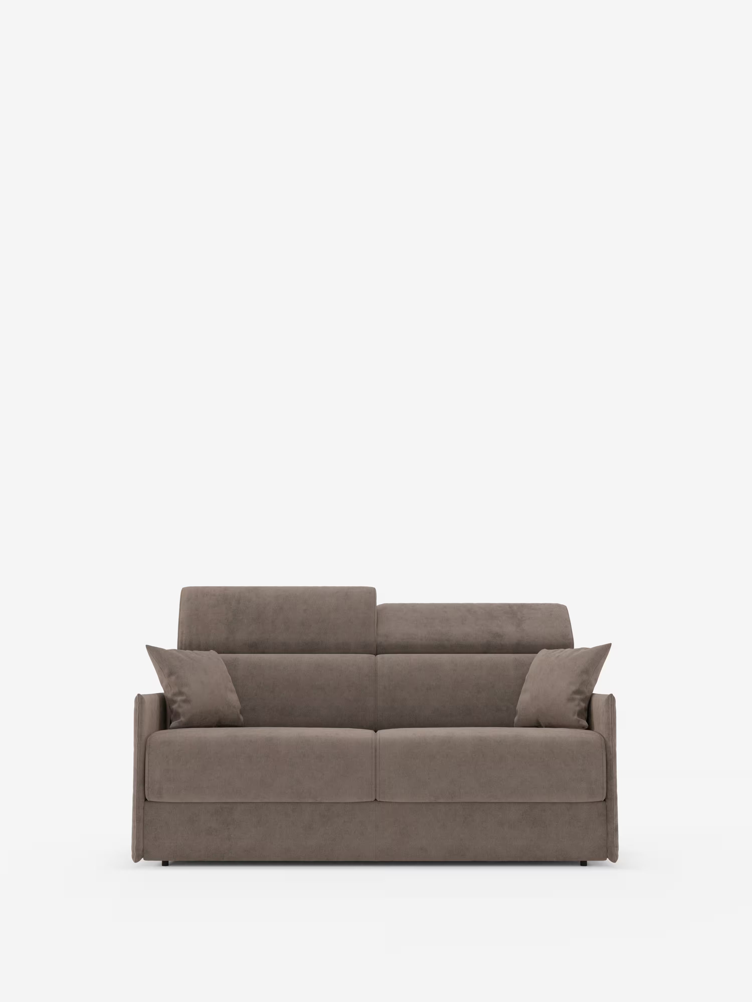 Un moderno divano letto Miryam con poggiatesta reclinabili e comfort maxi di Divani.Store, in una ricca tonalità di marrone e rivestito in morbido tessuto T31 facile da pulire, funge da divano a due posti con due cuscini quadrati abbinati. Caratterizzato da linee pulite e da una silhouette compatta e contemporanea in puro stile minimalista, emana comfort e intimità sullo sfondo di un bianco semplice.