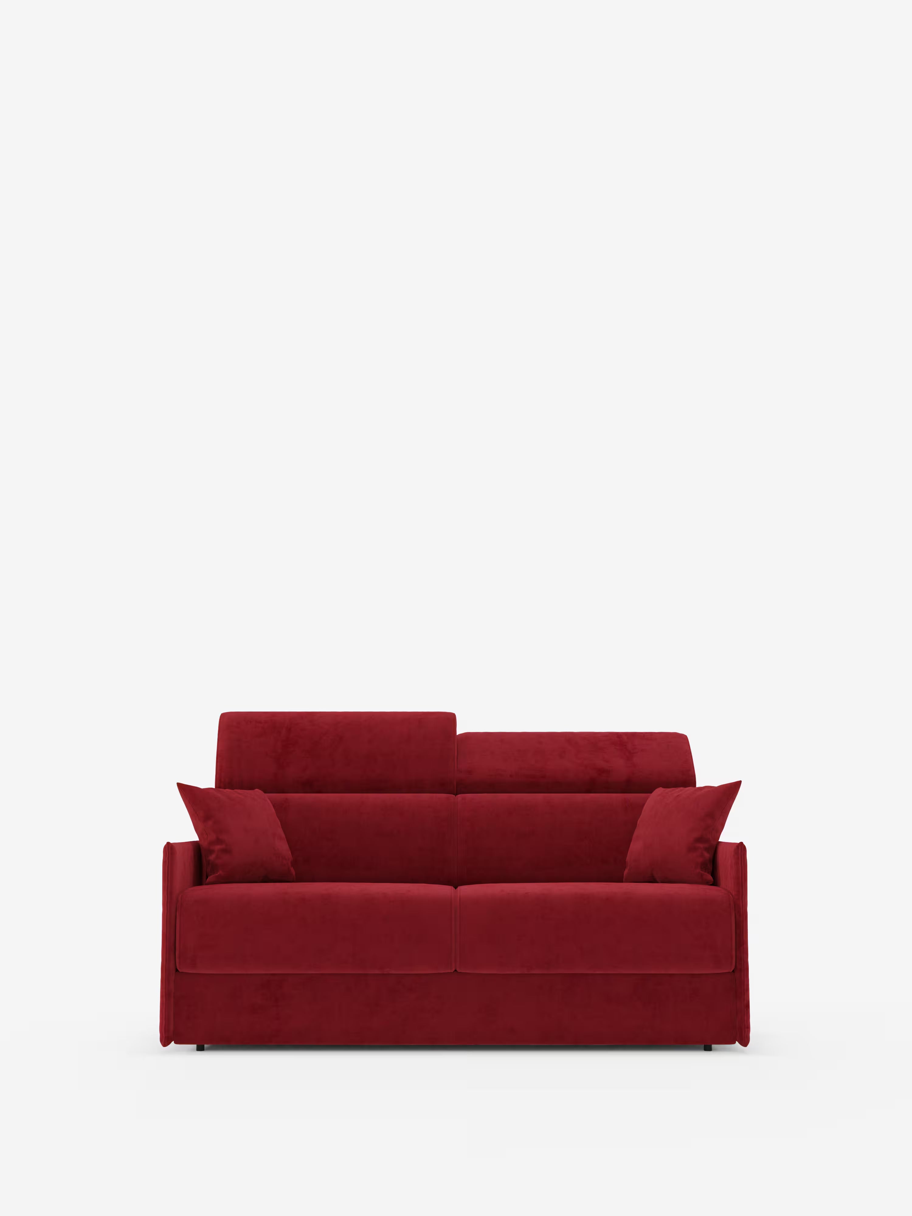 Un divano letto Miryam di colore rosso intenso, con poggiatesta reclinabili e comfort maxi, firmato Divani.Store, caratterizzato da un design compatto in morbido tessuto smacchiabile T31, spicca su uno sfondo bianco a tinta unita. Con due cuscini di seduta, uno schienale alto e due cuscini decorativi abbinati, questo divano letto sfoggia uno stile minimal contemporaneo grazie alle sue linee pulite e al rivestimento soffice.