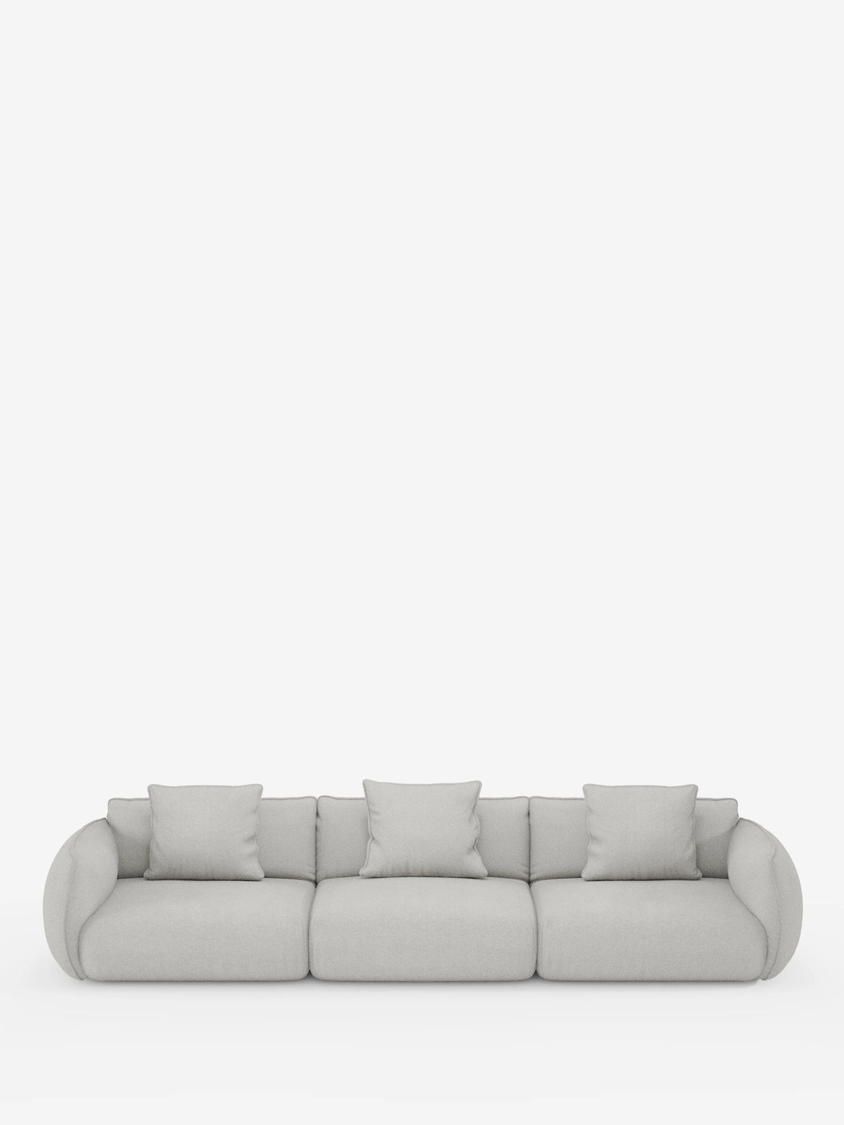 Un divano modulare contemporaneo Nimbus a 3 posti, realizzabile in morbido tessuto antimacchia effetto cotone T33 di Divani.Store, qui raffigurato in grigio chiaro con braccioli arrotondati e bordi morbidi, comprende tre cuscini di seduta e cinque cuscini coordinati ed è presentato su uno sfondo bianco a tinta unita.