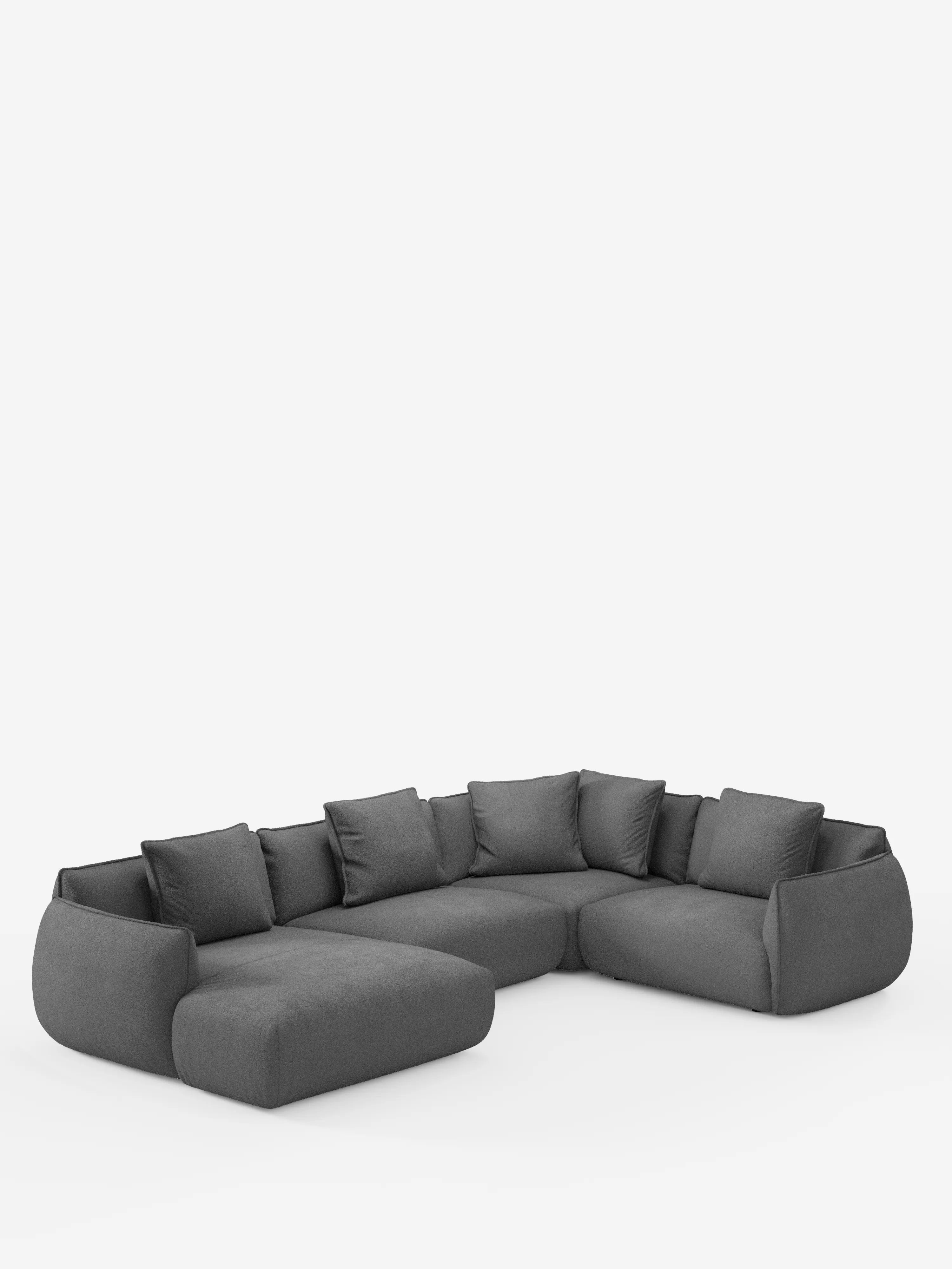 Il divano angolare panoramico componibile Nimbus con penisola e angolo in tessuto smacchiabile T33 di Divani.Store è un moderno divano componibile a forma di L, di colore grigio scuro, dal profilo basso e con morbidi cuscini. È dotato di sei cuscini dello schienale e di braccioli ampi e arrotondati, che offrono un comfort sofisticato. Il tessuto morbido, leggermente testurizzato e resistente alle macchie risalta con eleganza sullo sfondo bianco a tinta unita.
