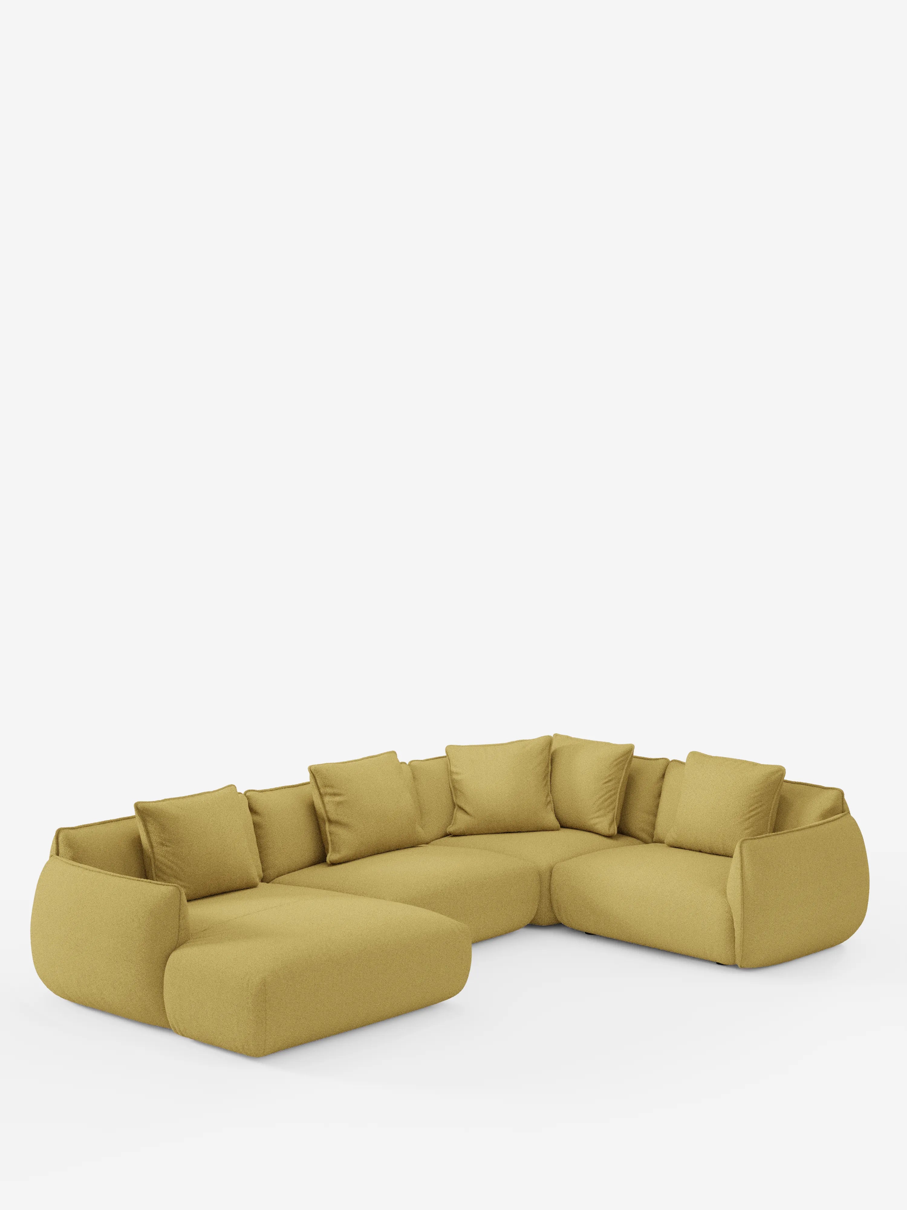 Il divano angolare panoramico componibile Nimbus con penisola e angolo in tessuto smacchiabile T33 di Divani.Store è un moderno divano componibile a forma di L rivestito in tessuto giallo senape, caratterizzato da braccioli bassi e arrotondati, sedute profonde e otto cuscini schienale coordinati, il tutto su uno sfondo bianco a tinta unita.