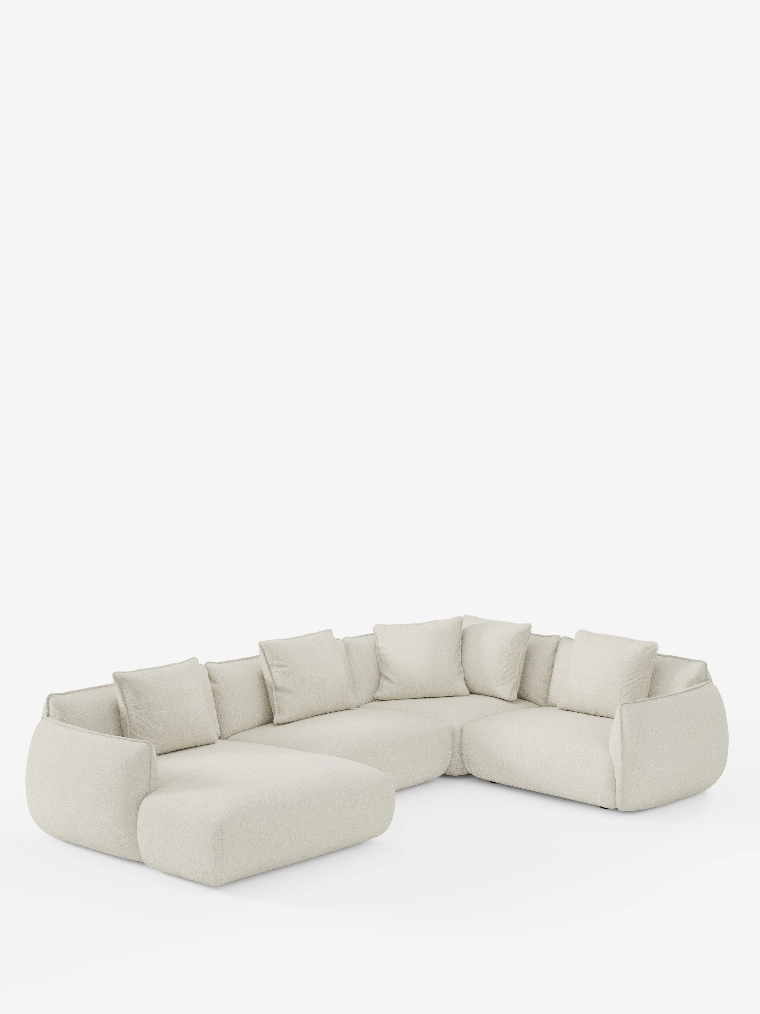 Il divano angolare panoramico componibile Nimbus con penisola e angolo in tessuto antimacchia T33 di Divani.Store è un moderno divano componibile a forma di L realizzato in tessuto bianco sporco antimacchia. Si caratterizza per i bordi morbidi e arrotondati, le sedute profonde e i cuscini spessi, ed è accompagnato da sette cuscini quadrati coordinati, il tutto presentato su uno sfondo bianco a tinta unita.