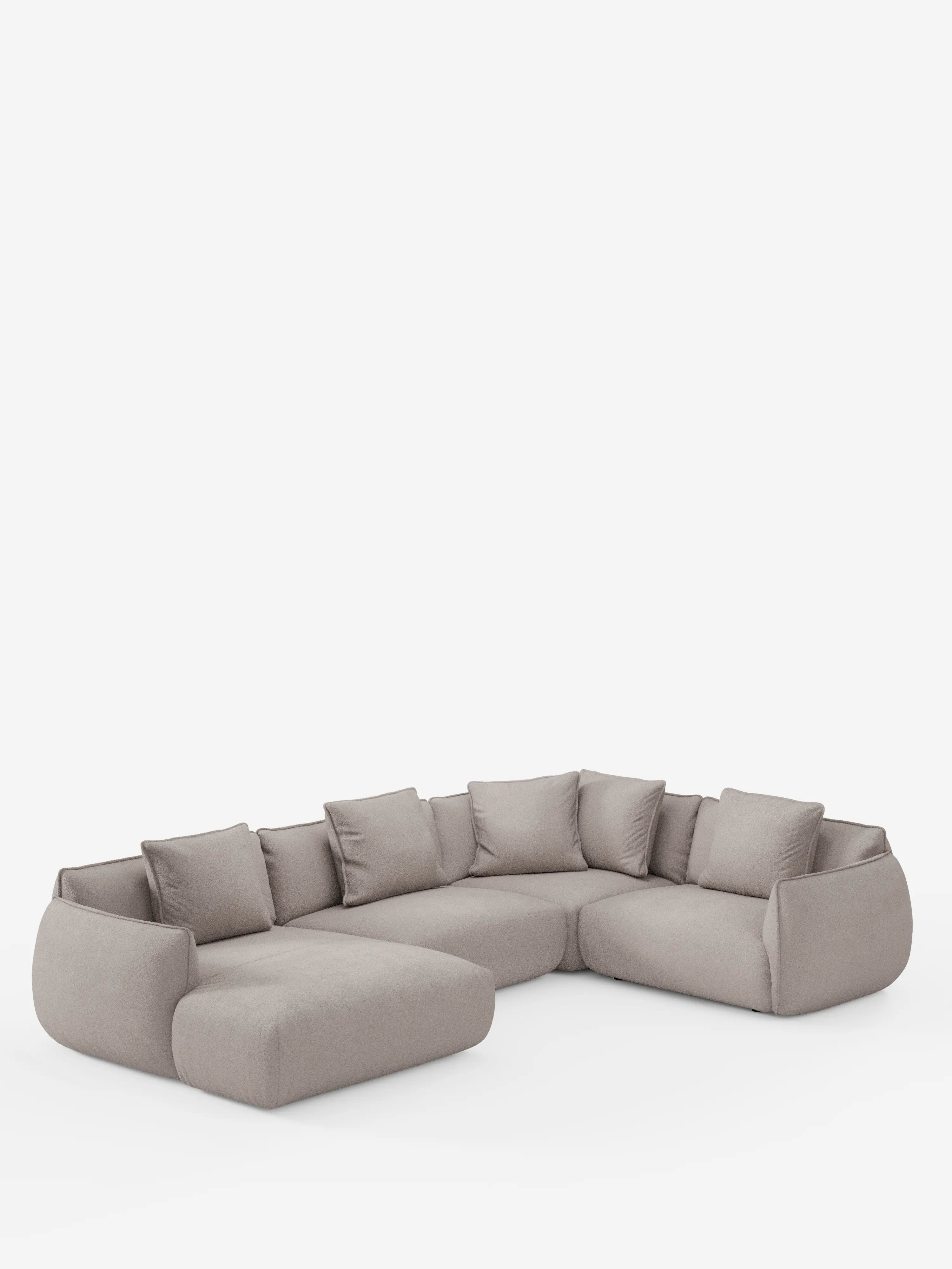 Vi presentiamo il divano angolare panoramico componibile con penisola e angolo in tessuto smacchiabile t33 di Divani.Store: un moderno divano componibile a L in grigio chiaro, caratterizzato da morbidi cuscini arrotondati e cinque cuscini dello schienale coordinati. Questo divano componibile presenta un design minimalista con linee morbide, che risalta su uno sfondo bianco a tinta unita.