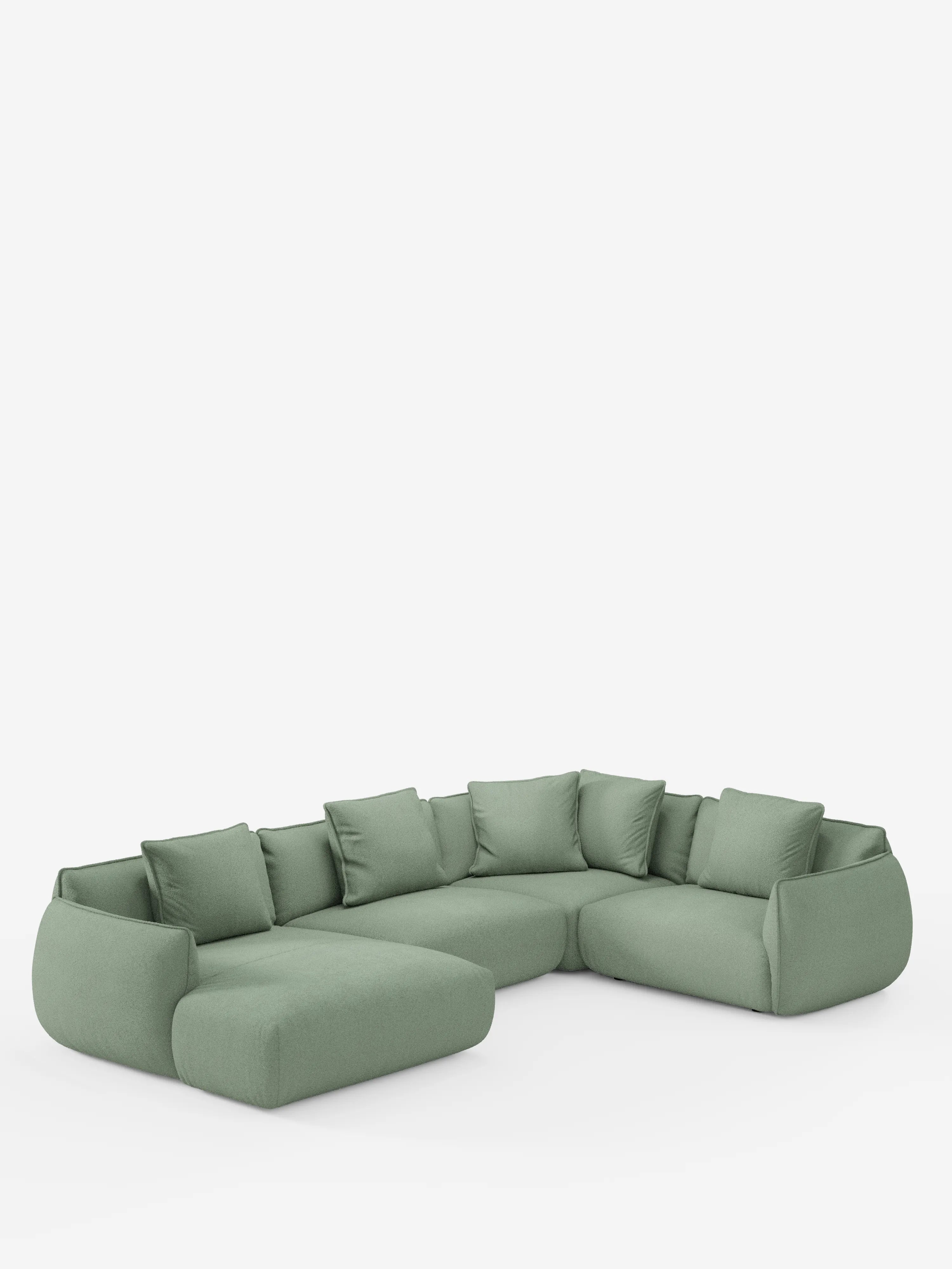 Un divano angolare panoramico componibile Nimbus in stile contemporaneo con penisola e angolo in tessuto smacchiabile T33 di Divani.Store, rivestito in tessuto verde salvia, caratterizzato da cuscini ampi e morbidi e sei cuscini decorativi abbinati. Il divano presenta bordi morbidi e arrotondati e una seduta bassa che gli conferiscono un aspetto accogliente e invitante, il tutto su uno sfondo bianco a tinta unita.