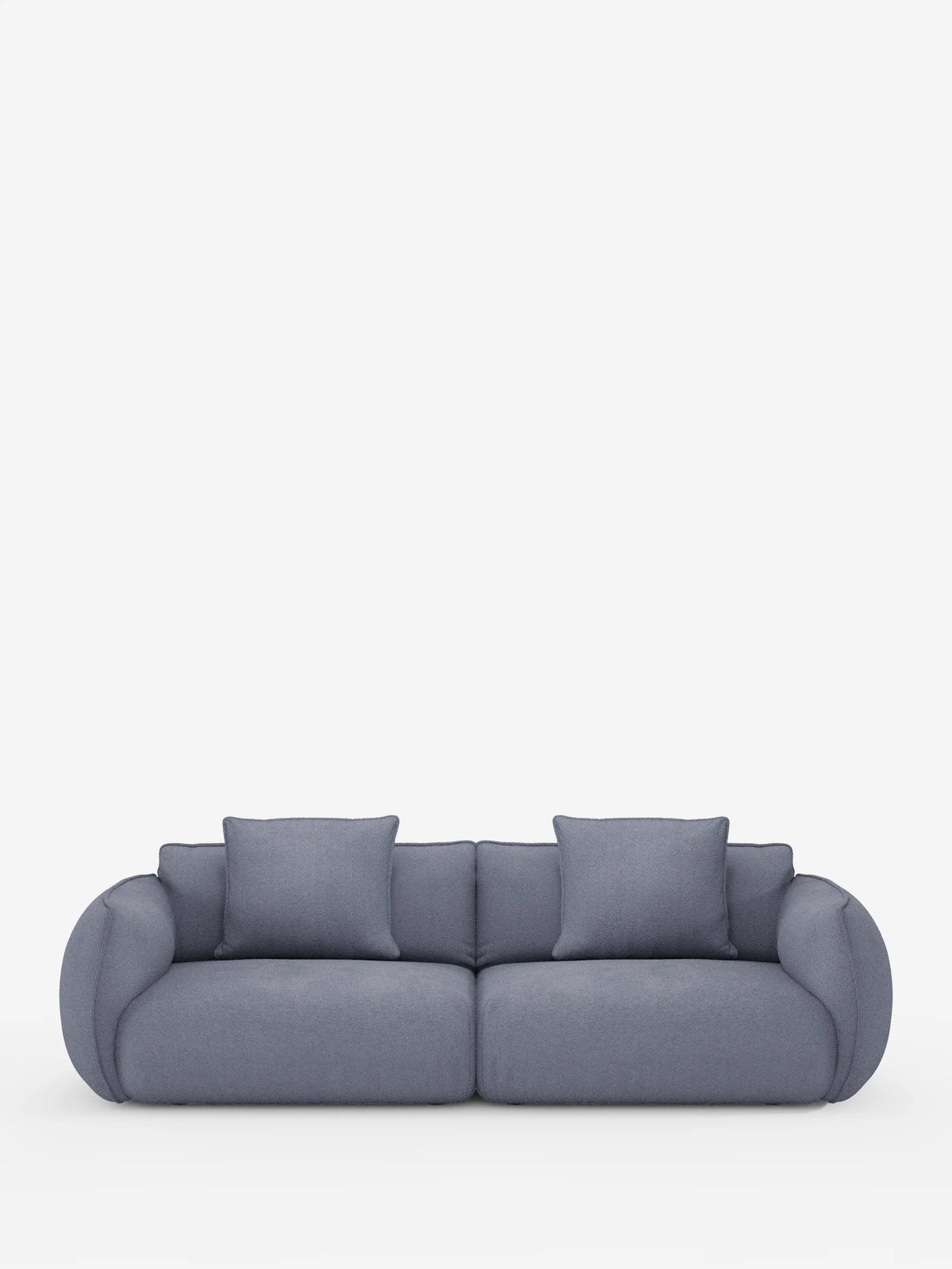 Un moderno divano modulare e componibile Nimbus a 3 posti, color grigio chiaro, da 250 cm di Divani.Store, si staglia su uno sfondo bianco a tinta unita. Rivestito con un tessuto sfoderabile effetto cotone resistente alle macchie (t33), questo divano minimalista presenta due cuscini di seduta, due cuscini dello schienale e braccioli arrotondati che gli conferiscono un aspetto morbido e confortevole.
