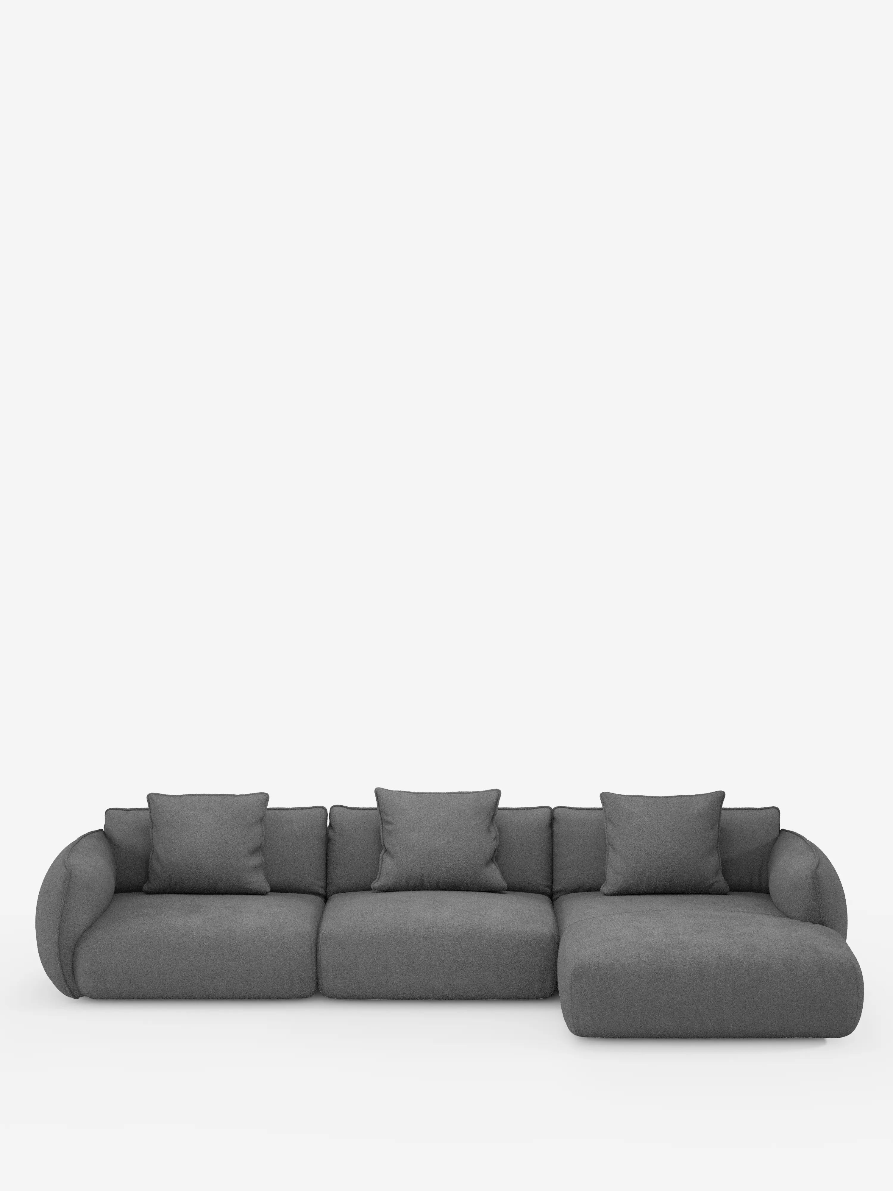 Il divano angolare con penisola componibile Nimbus in morbido tessuto effetto cotone smacchiabile T33 di Divani.Store è un moderno divano componibile grigio con cuscini soffici e ampi braccioli, composto da tre sezioni di seduta e una chaise longue sul lato destro. Questo divano con penisola dallo stile minimalista è messo in risalto su uno sfondo bianco a tinta unita, privo di decorazioni o oggetti aggiuntivi.