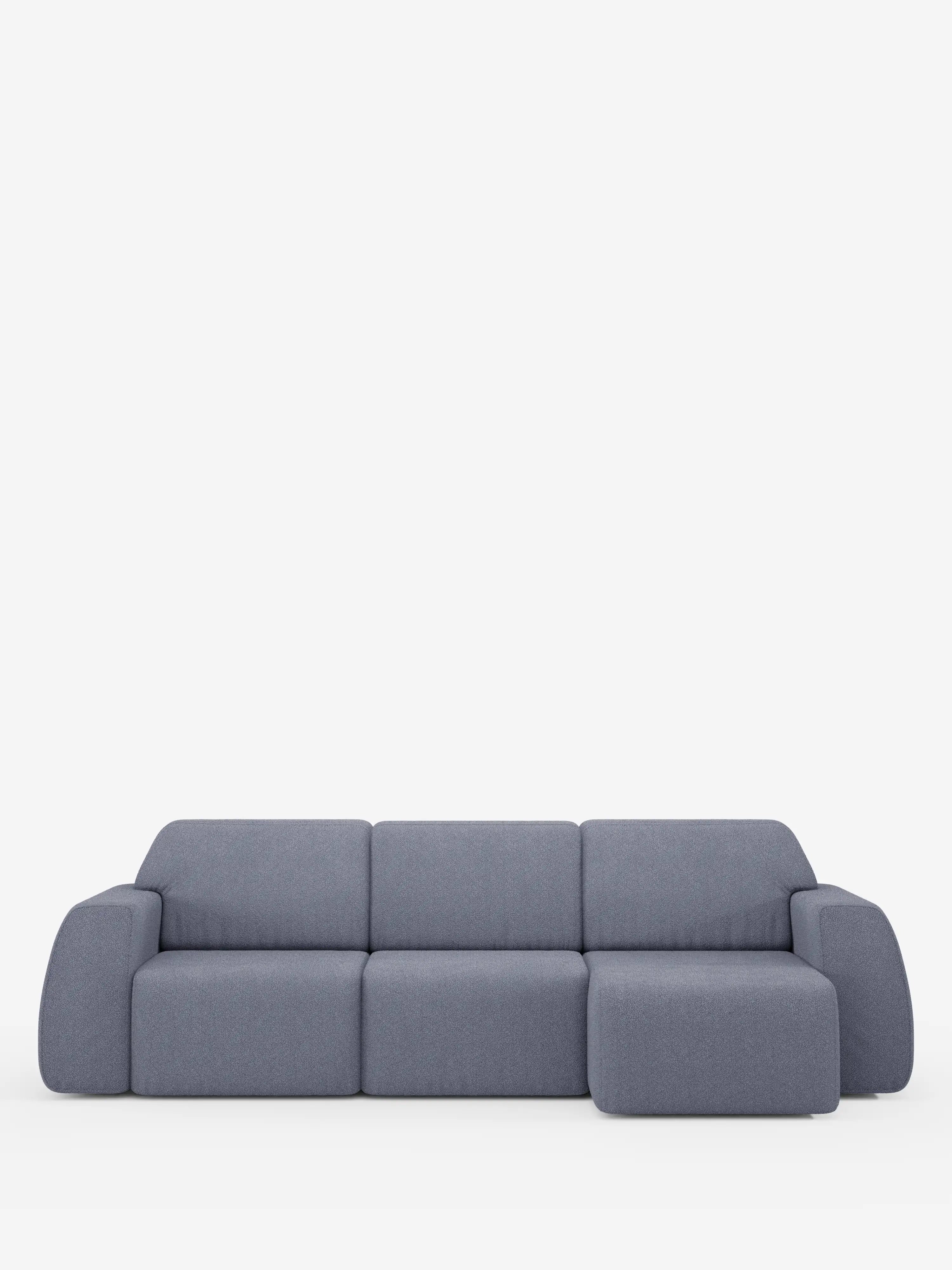 Il divano angolare Orbit con penisola reversibile e tutte le sedute allungabili in tessuto smacchiabile effetto cotone T33 di Divani.Store è un moderno divano componibile grigio caratterizzato da linee morbide e arrotondate e da tre sedute principali. Il lato destro comprende una versatile estensione a chaise longue reversibile (penisola), mentre lo sfondo bianco a tinta unita mette in risalto il design contemporaneo e minimalista del divano.