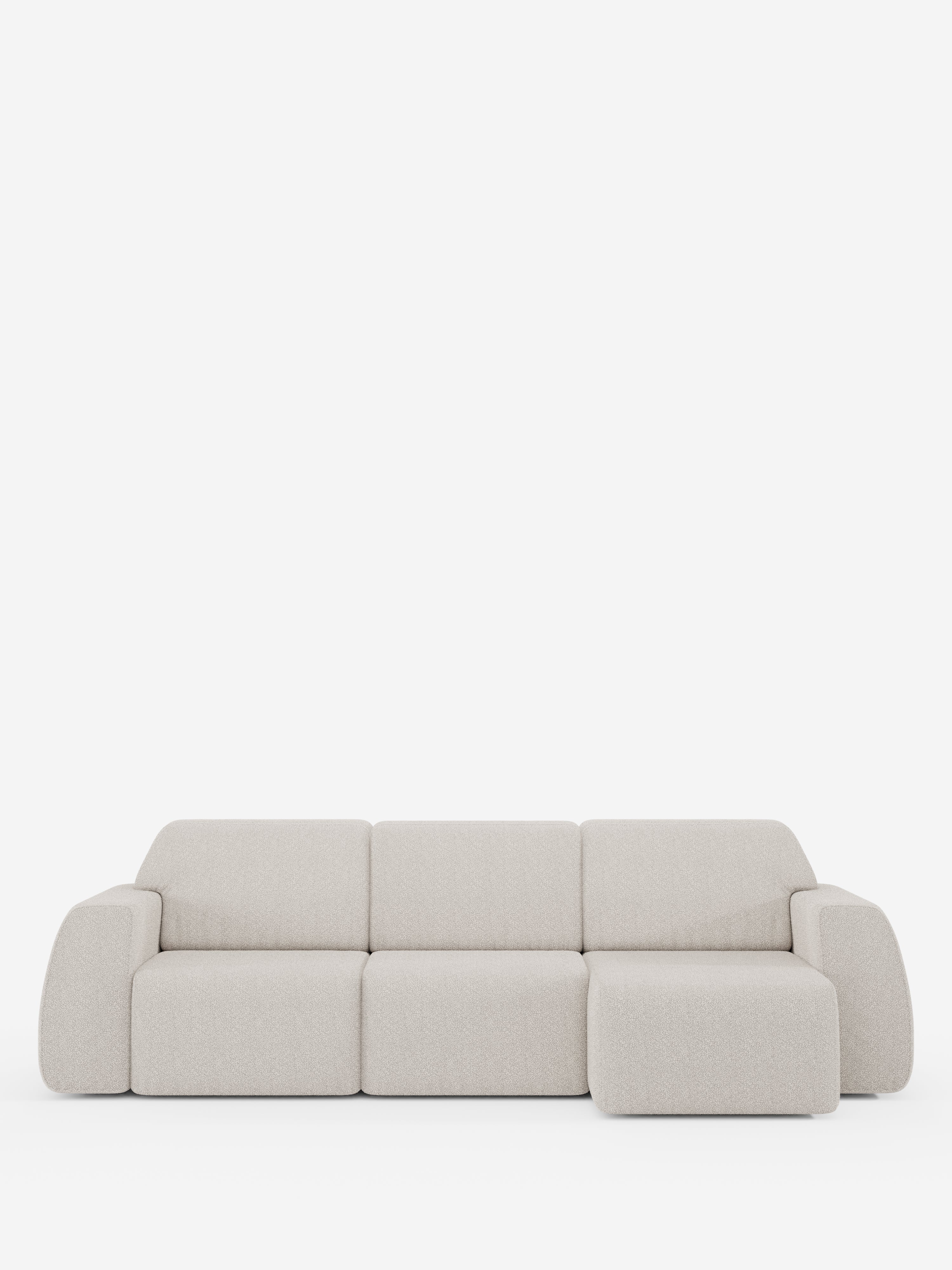 Vi presentiamo Orbit Divano angolare con penisola reversibile e tutte le sedute allungabili in tessuto smacchiabile effetto cotone T33 di Divani.Store: un divano componibile moderno, color beige chiaro, con chaise longue reversibile, tre spaziosi cuscini di seduta, braccioli arrotondati e un design elegante e minimalista, il tutto presentato su uno sfondo bianco a tinta unita.
