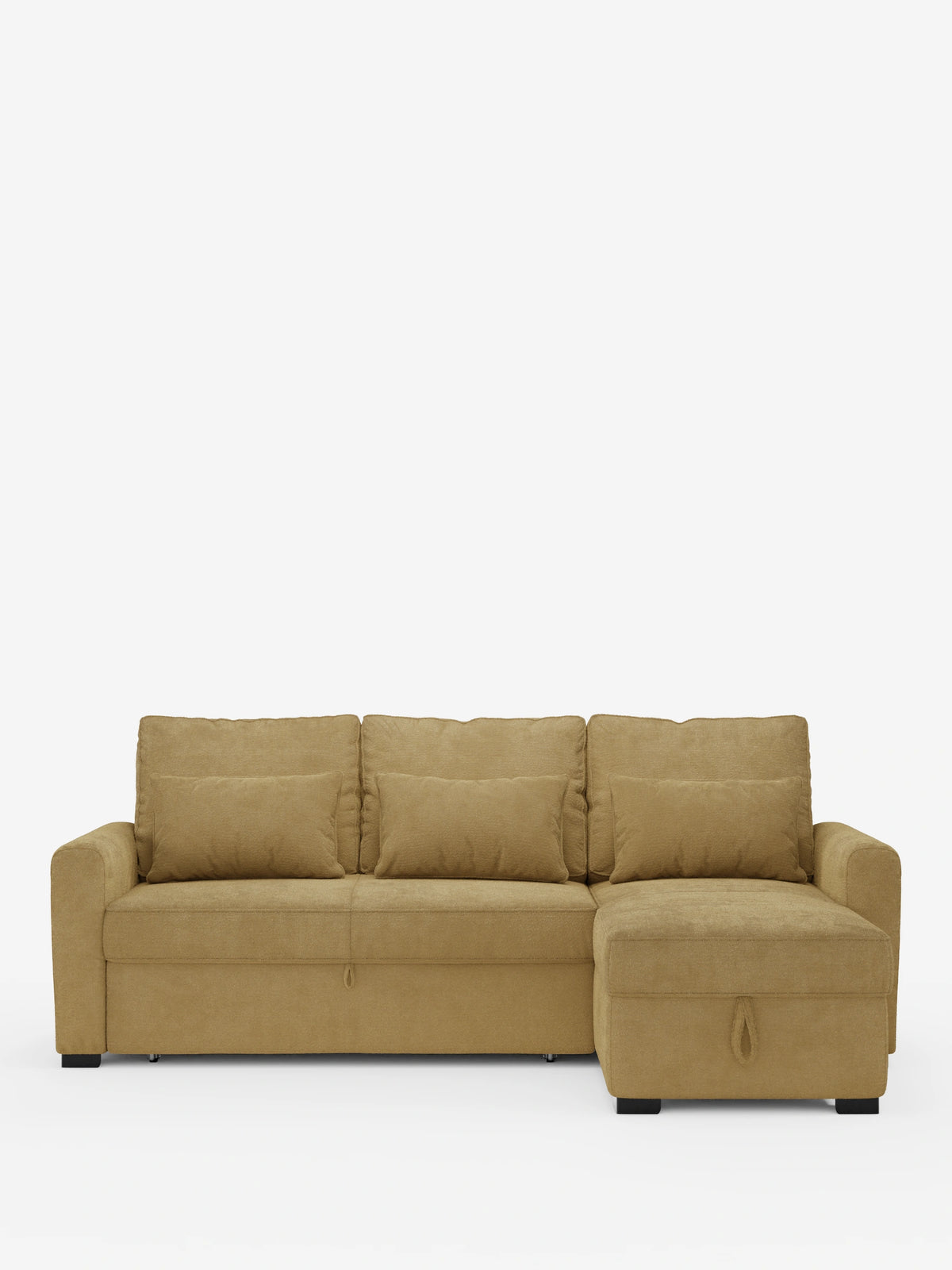 Il divano letto Ottaviano con chaise longue estraibile - penisola reversibile e contenitore in tessuto materico smacchiabile è un divano letto componibile beige con chaise longue sul lato destro, tre cuscini dello schienale, tre cuscini lombari e un vano contenitore nella base.