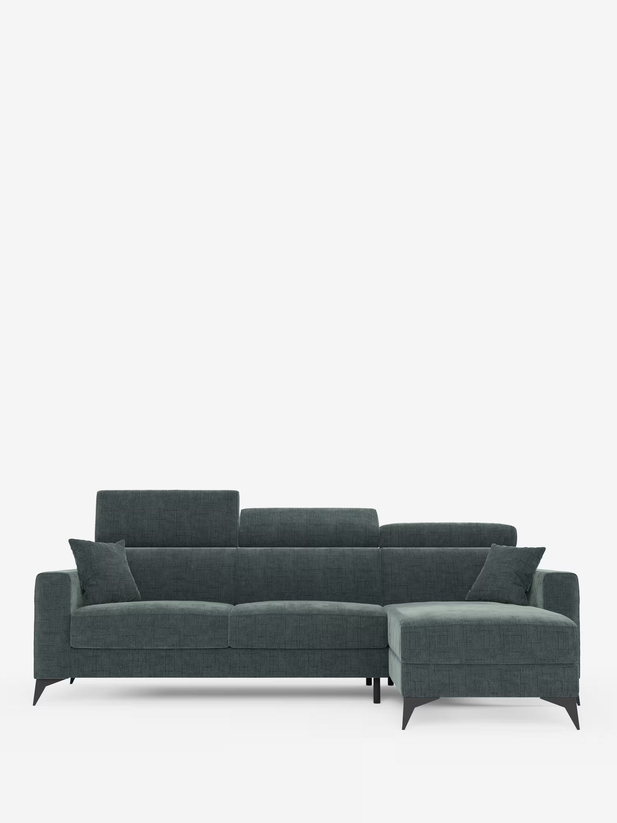 Il divano letto angolare Pegaso di Divani.Store è realizzato in tessuto jacquard T22 color verde acqua scuro, resistente alle macchie, e presenta una chaise longue con contenitore sul lato destro, tre schienali con poggiatesta reclinabili, braccioli sottili e gambe angolate nere. È corredato da due cuscini coordinati ed è presentato su uno sfondo bianco a tinta unita.
